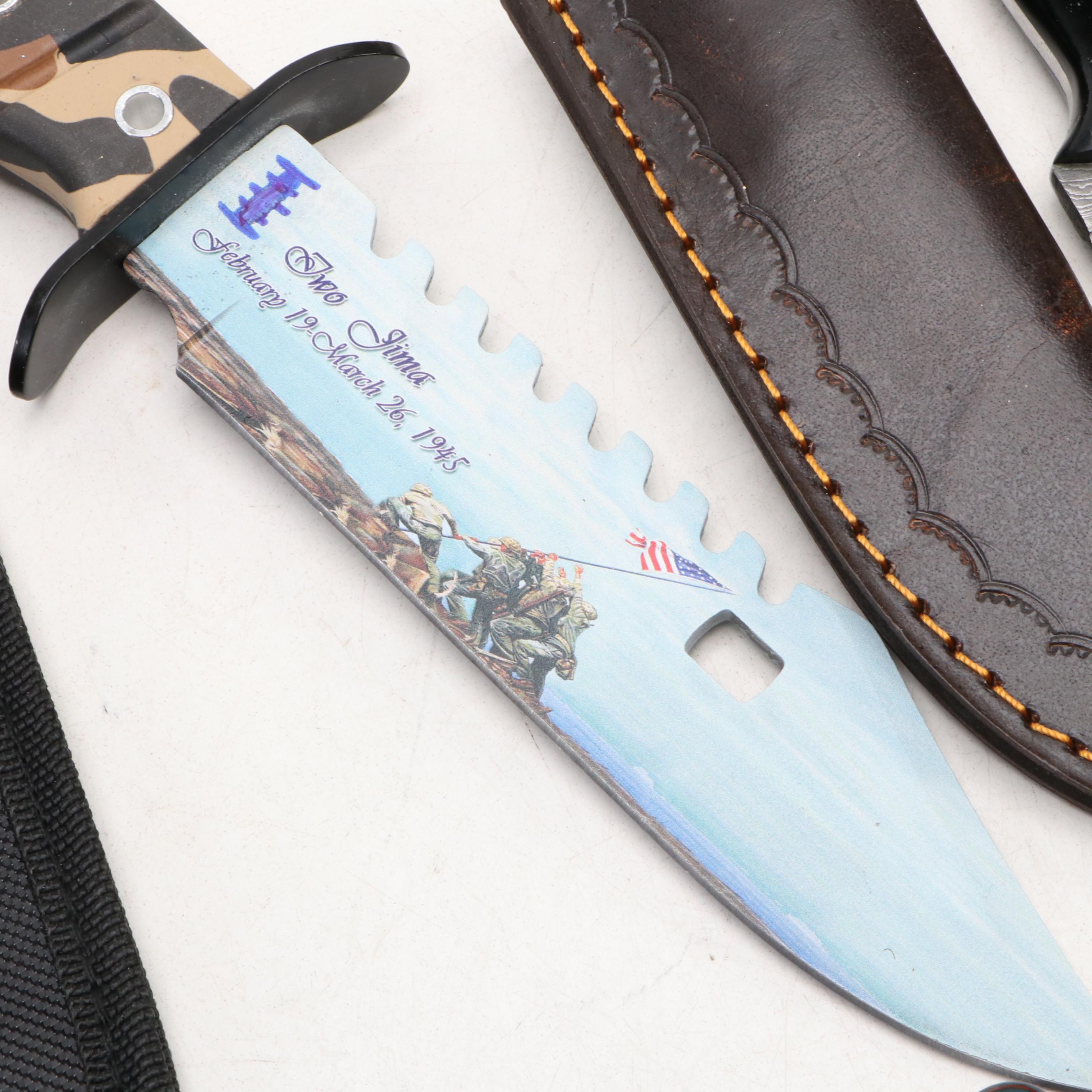 Damascus Steel Hunting Knives with Iwo Jima Commemorative Knives in Scabbards