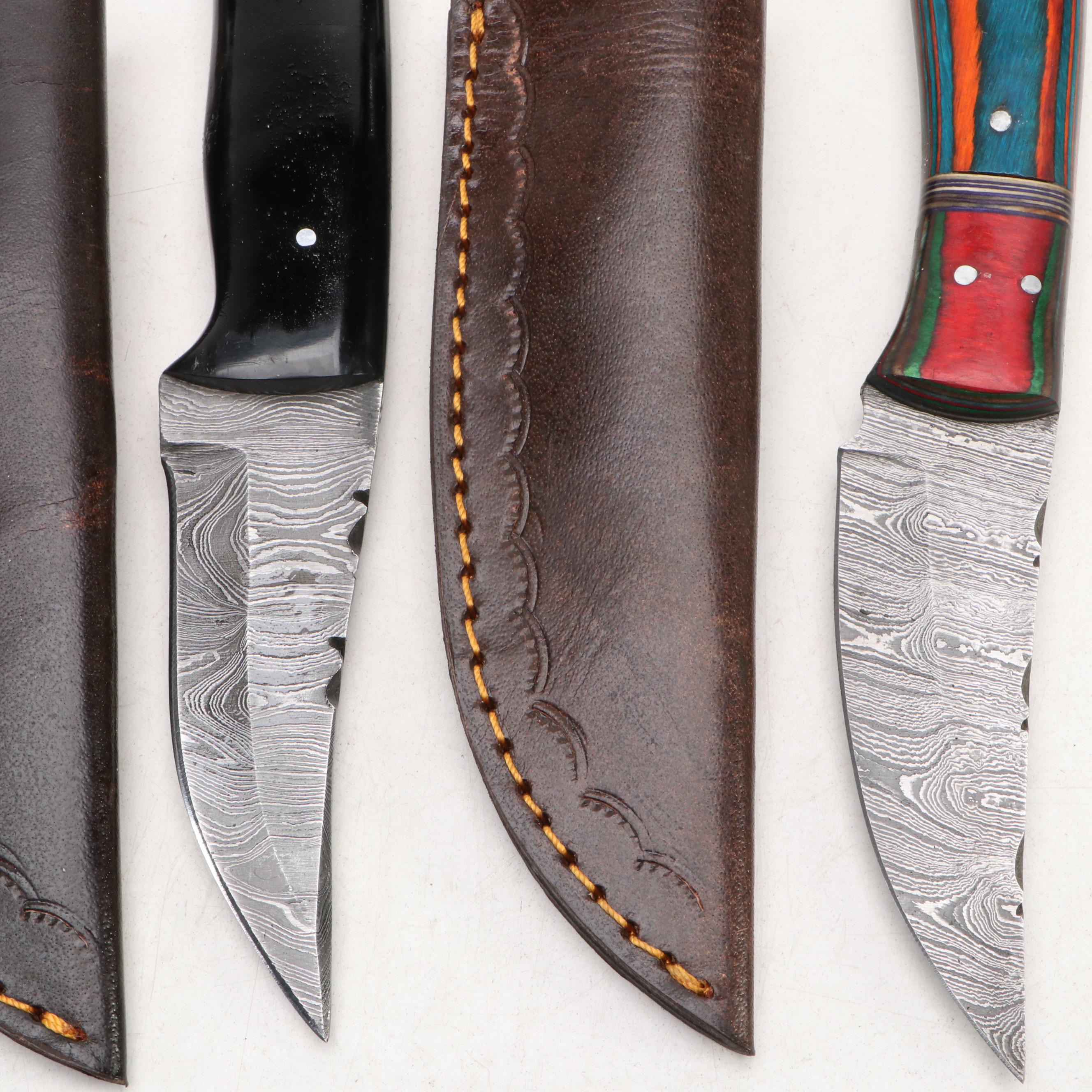Damascus Steel Hunting Knives with Iwo Jima Commemorative Knives in Scabbards