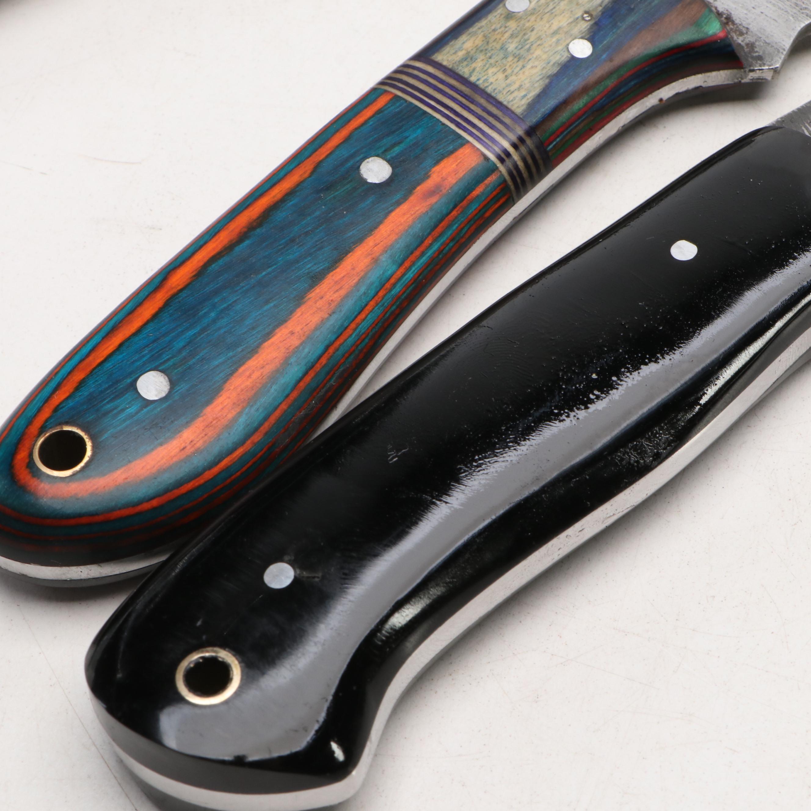 Damascus Steel Hunting Knives with Iwo Jima Commemorative Knives in Scabbards