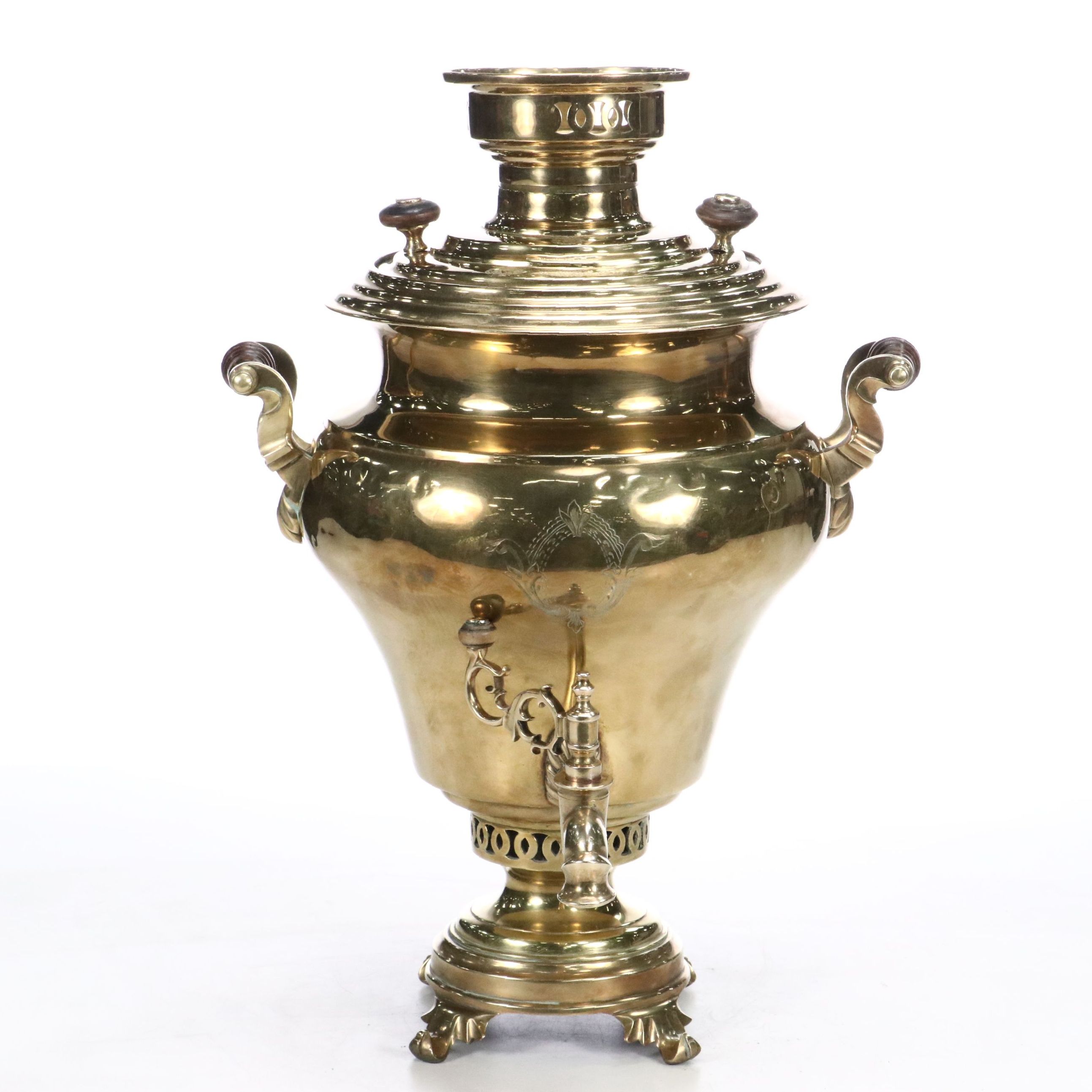 Russian Wreath Etched Brass Samovar with Wood Handles
