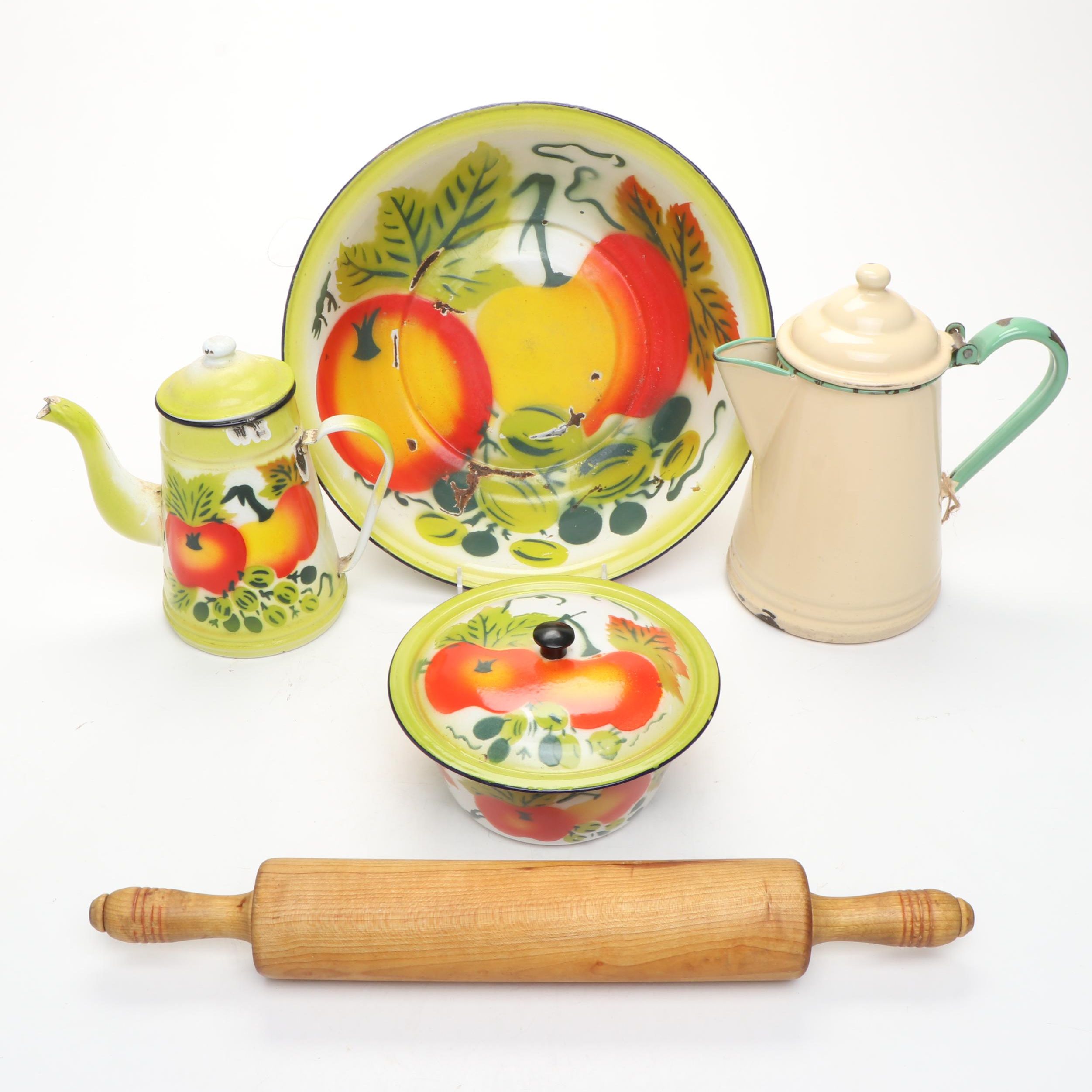 Enamel Metal Bowl, Lidded Bowl, Teapot, and More Kitchenware, Mid-20th Century