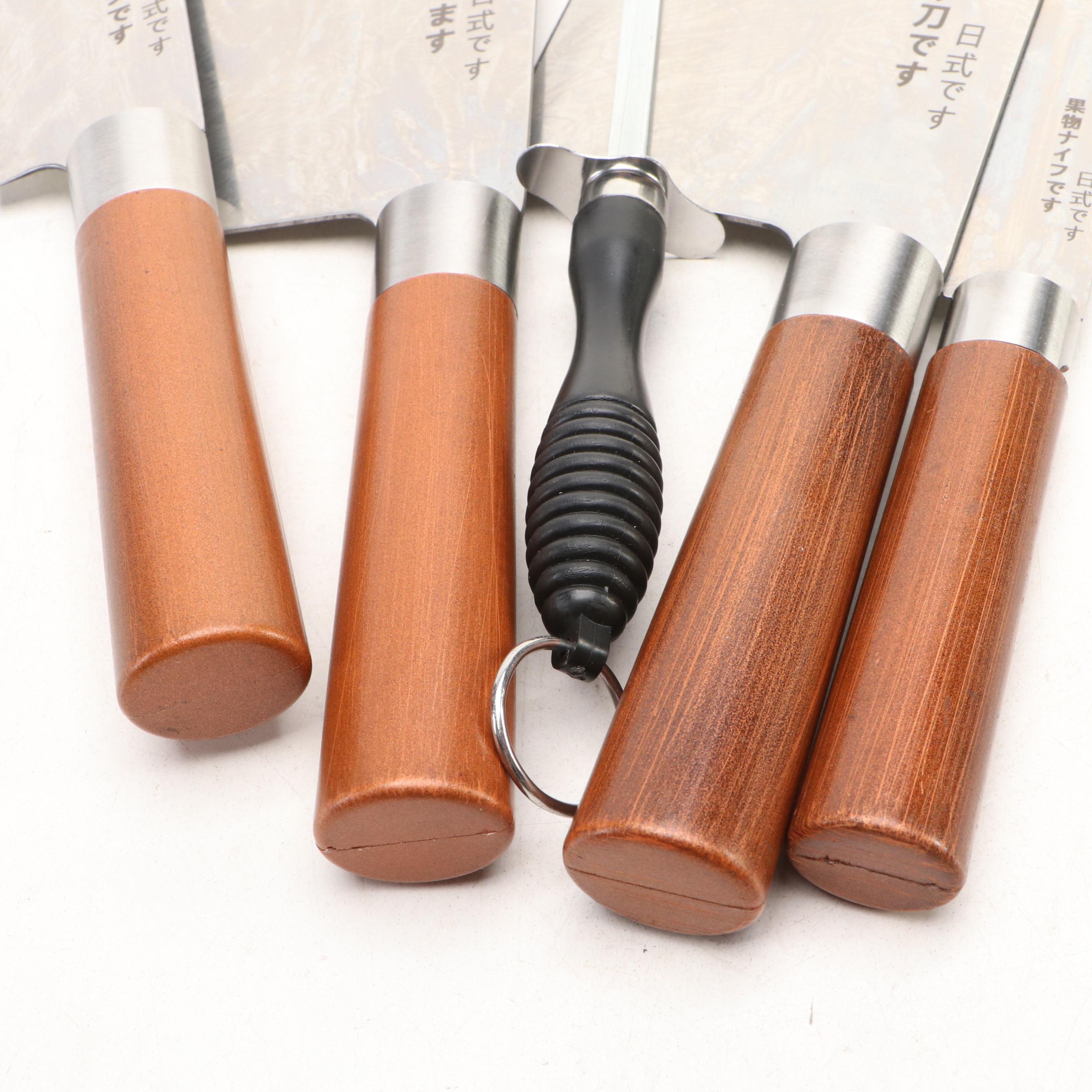 Japanese Style Etched Stainless Steel Chef's Knife Set in Canvas Roll