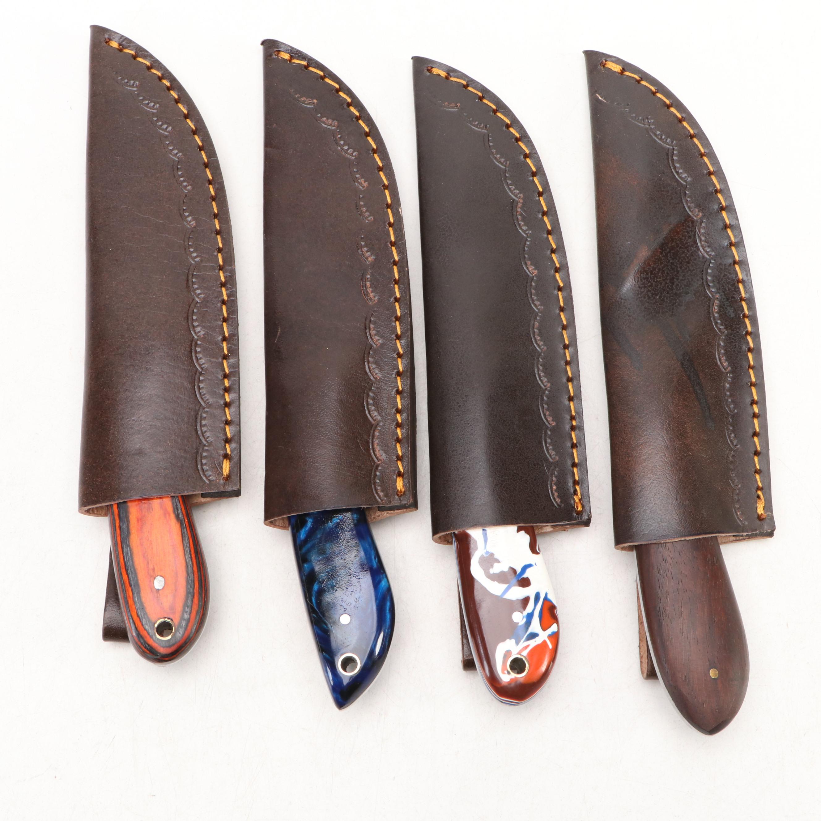 Damascus Steel Hunting Knives in Leather Scabbards