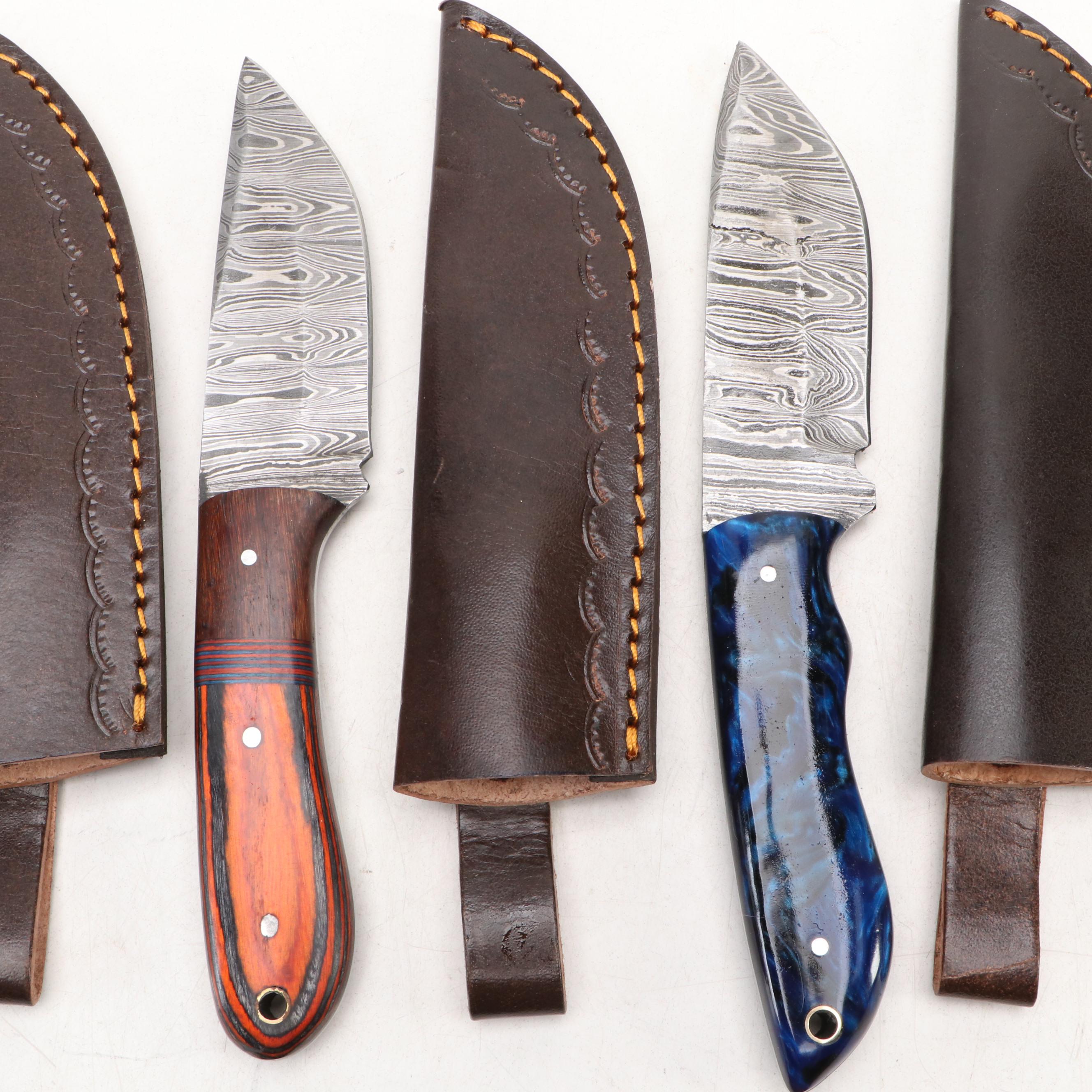 Damascus Steel Hunting Knives in Leather Scabbards