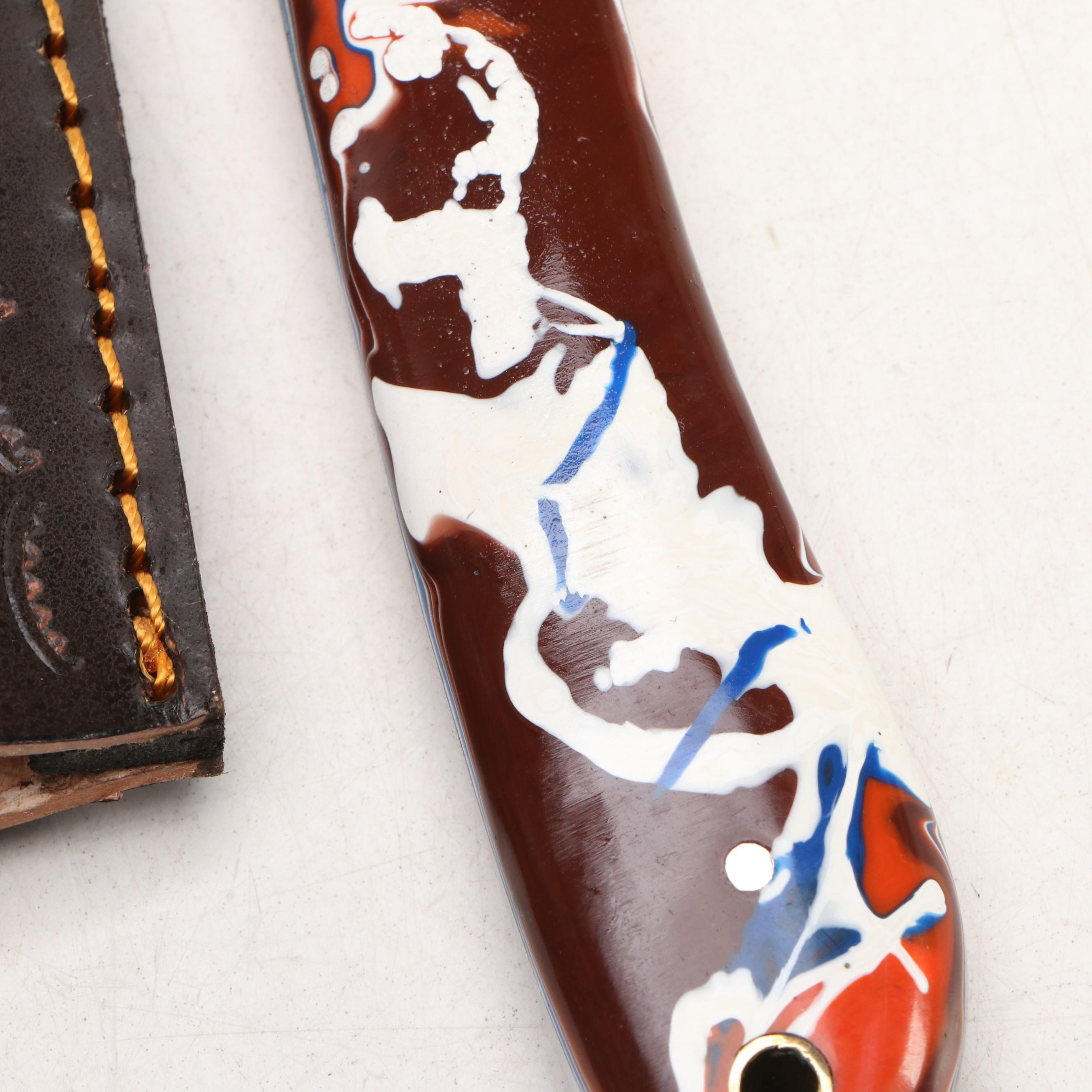 Damascus Steel Hunting Knives in Leather Scabbards