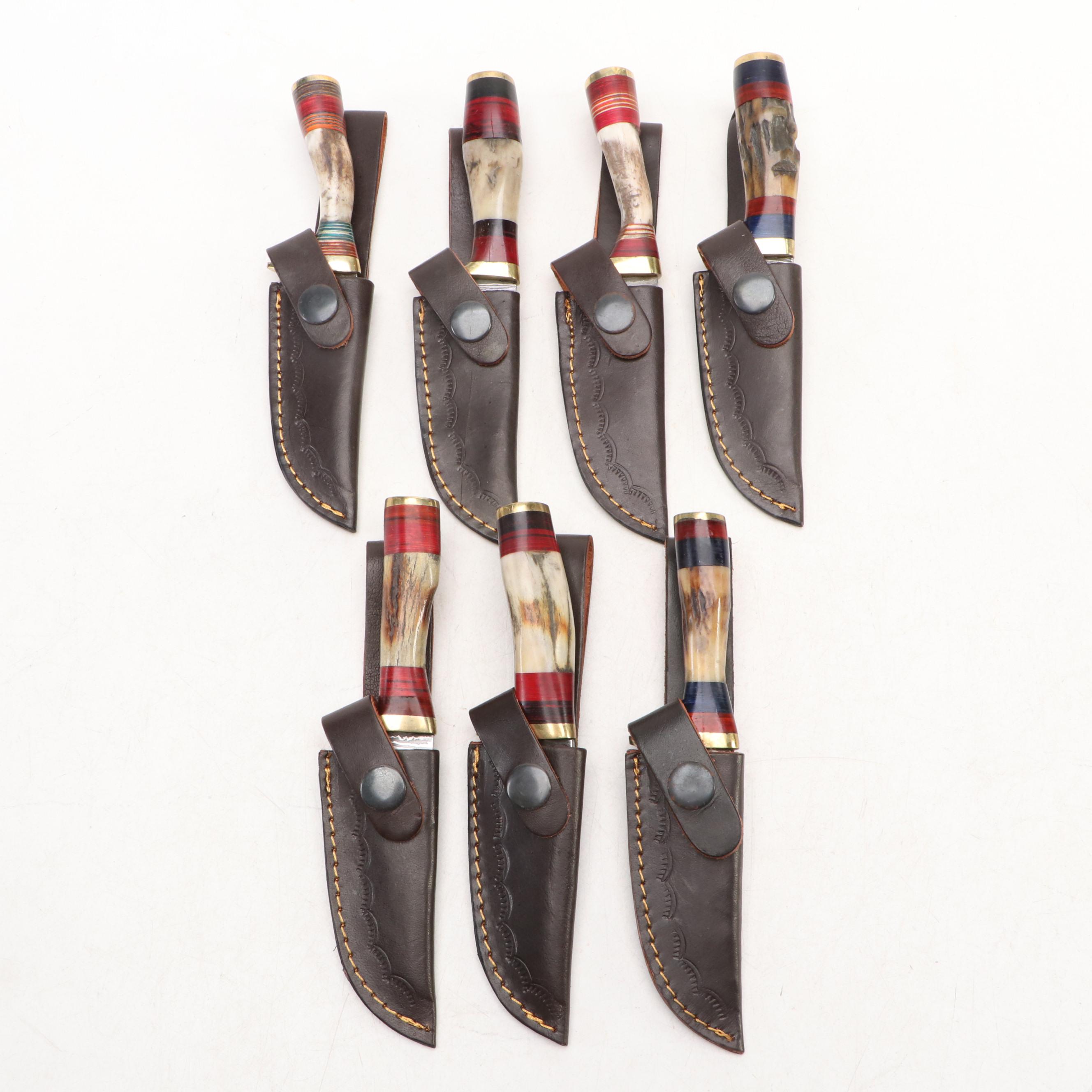 Damascus Steel and Antler Handled Skinner Knives in Leather Scabbards