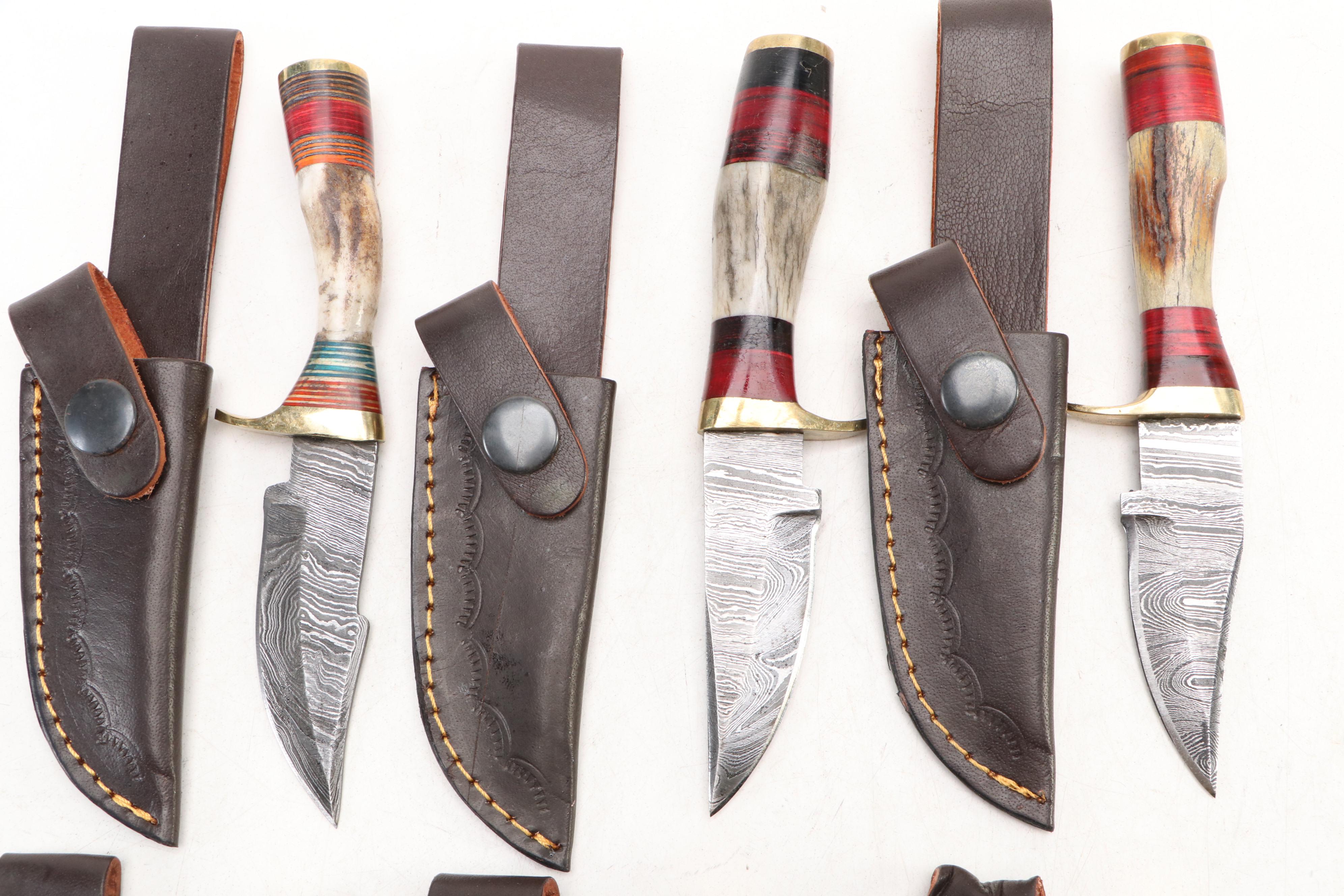 Damascus Steel and Antler Handled Skinner Knives in Leather Scabbards