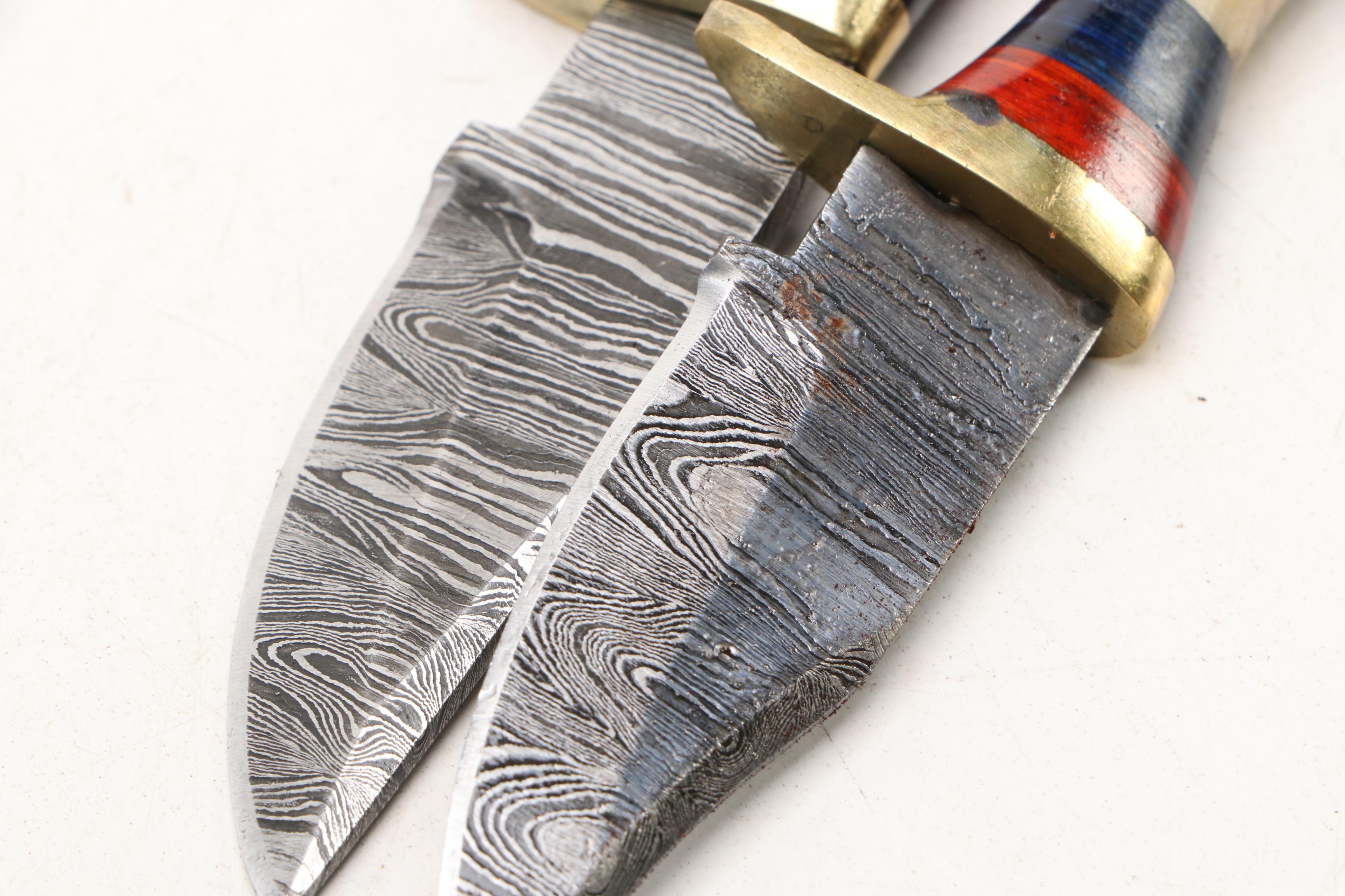 Damascus Steel and Antler Handled Skinner Knives in Leather Scabbards