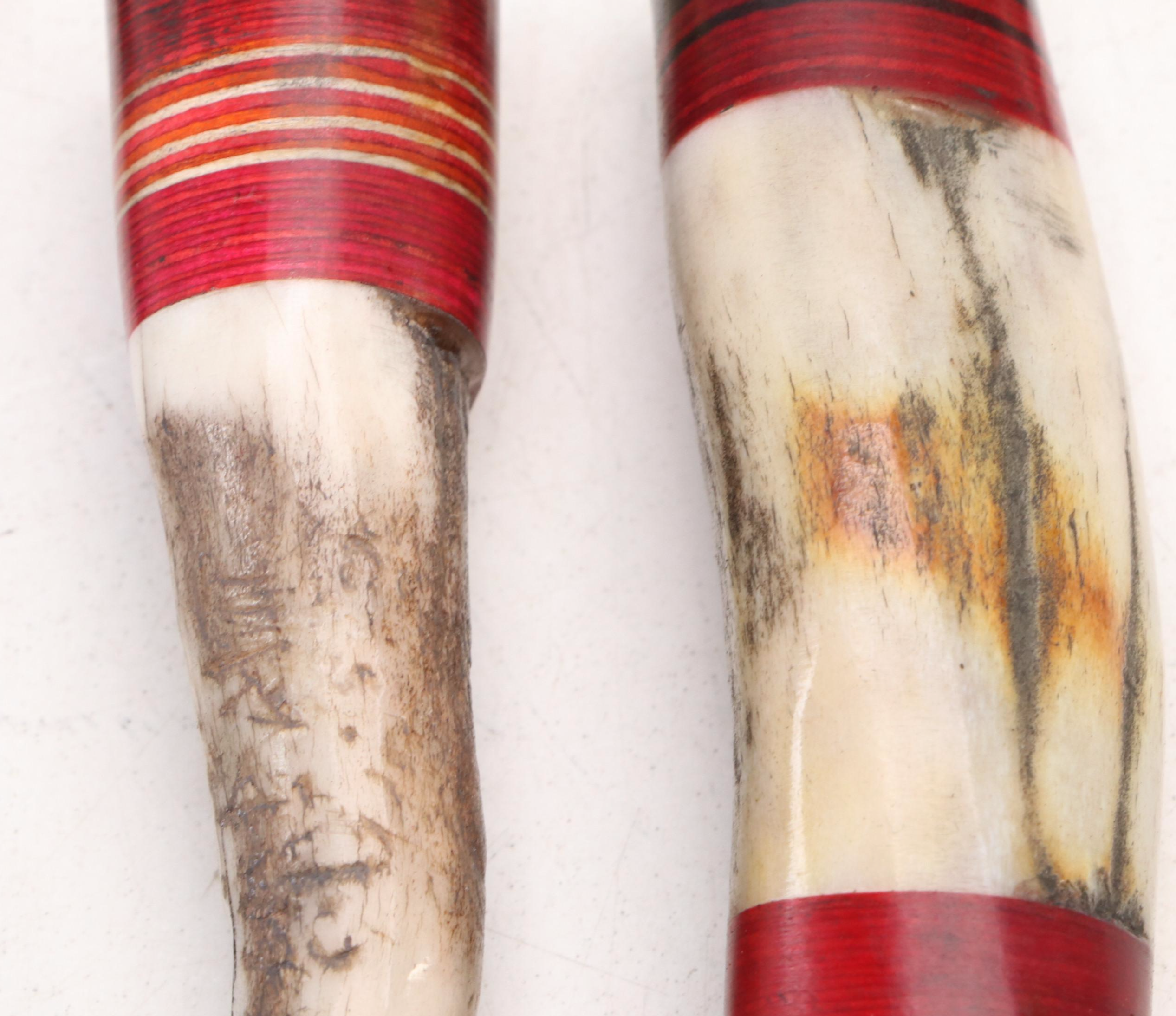 Damascus Steel and Antler Handled Skinner Knives in Leather Scabbards