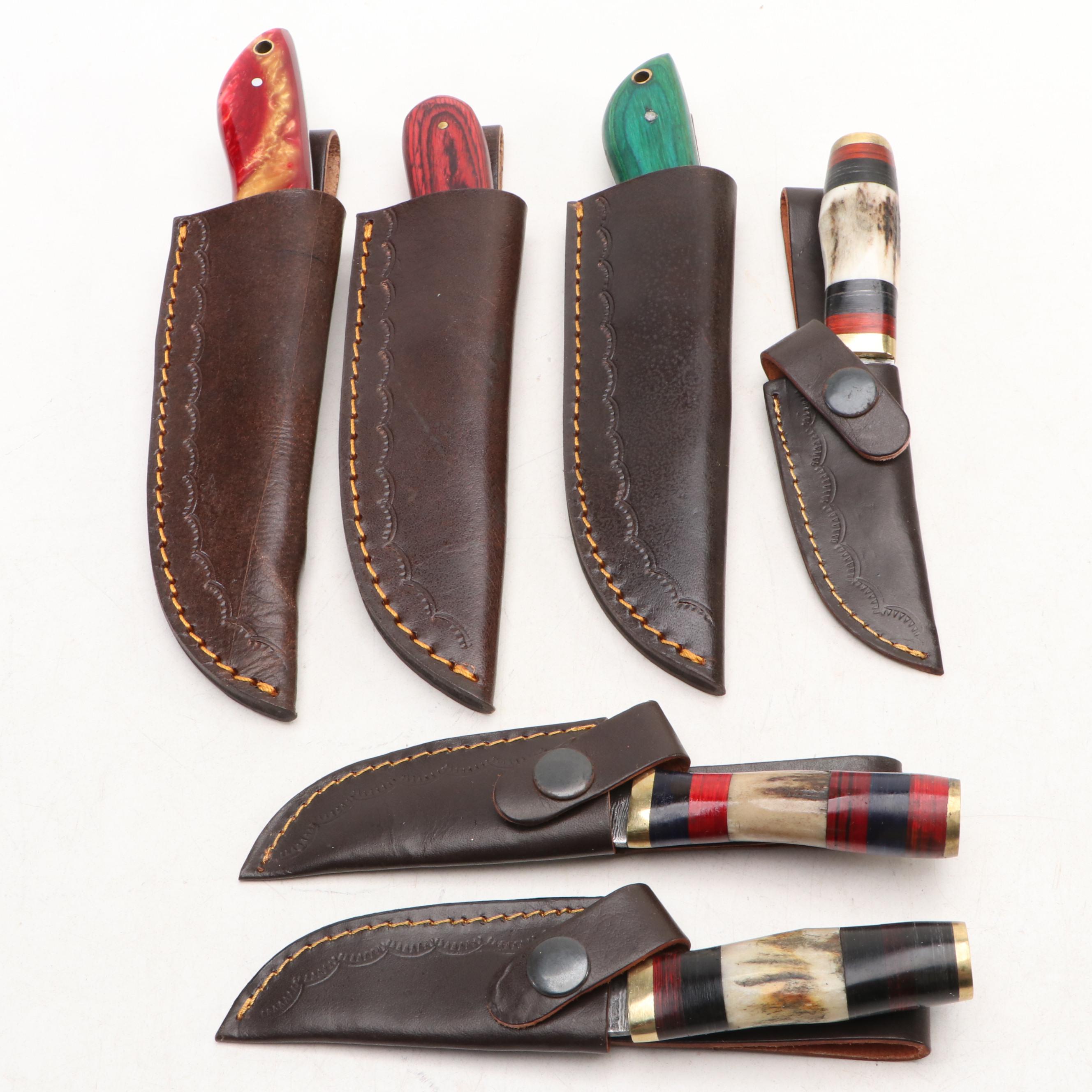 Damascus Steel Hunting and Skinner Knives in Leather Scabbards