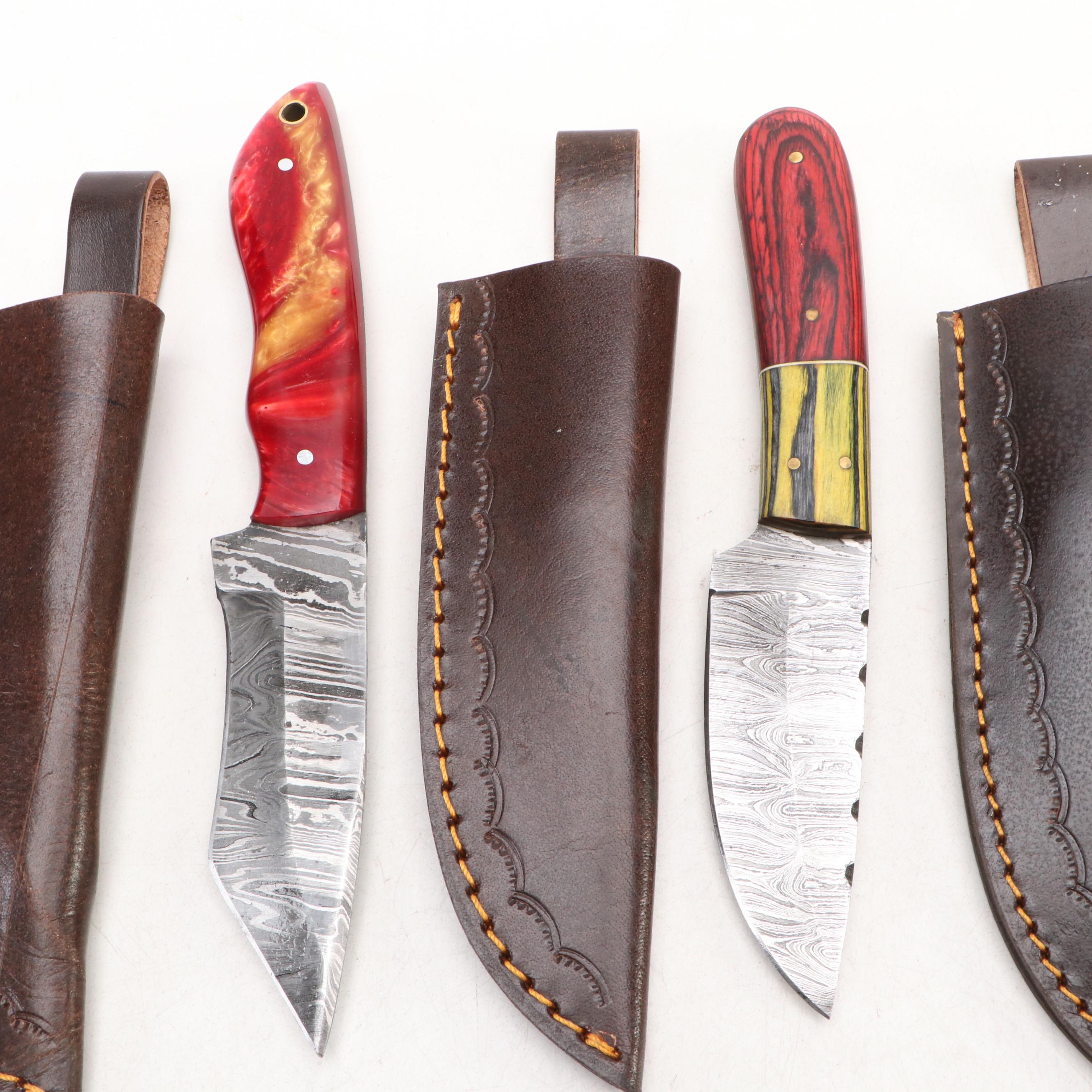 Damascus Steel Hunting and Skinner Knives in Leather Scabbards