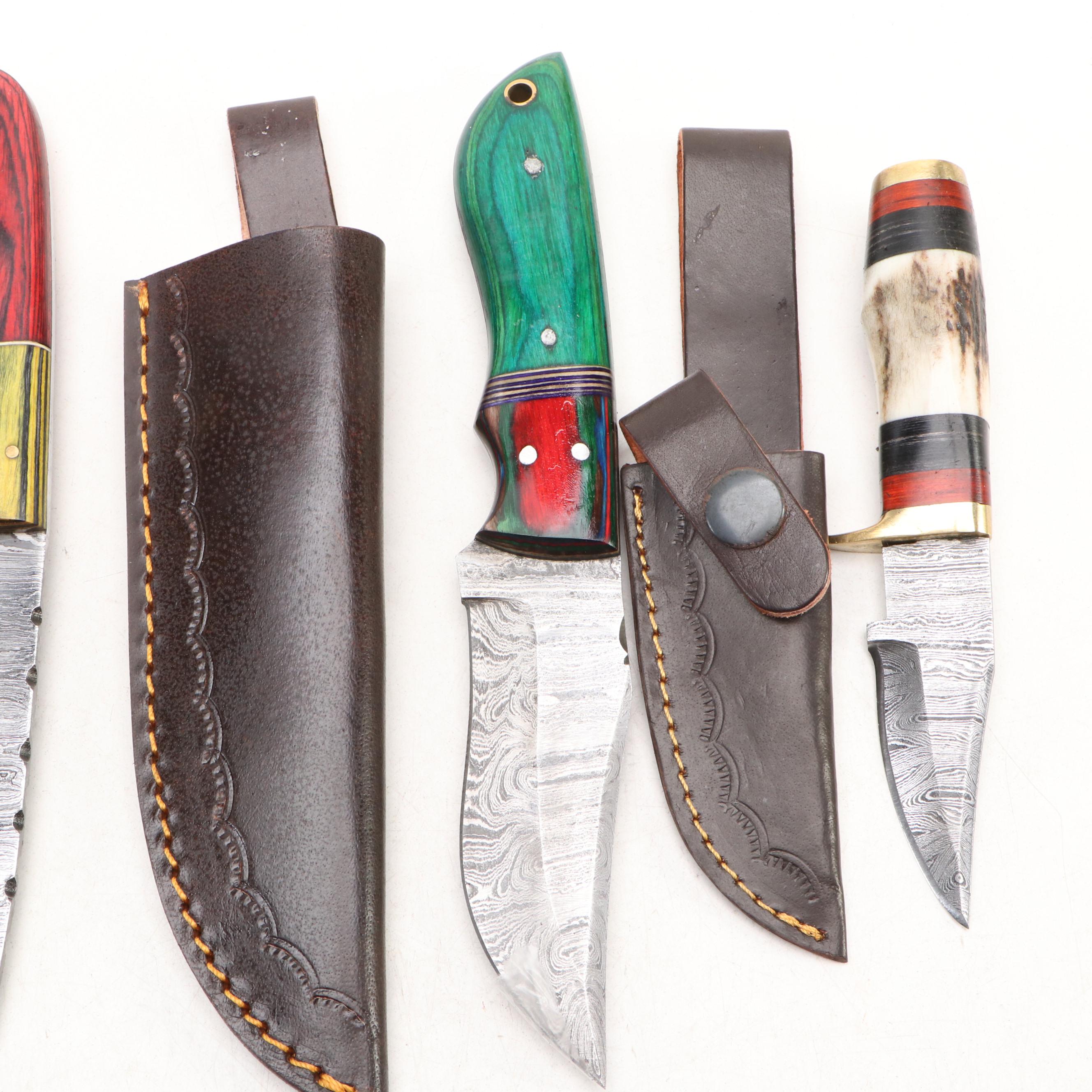 Damascus Steel Hunting and Skinner Knives in Leather Scabbards