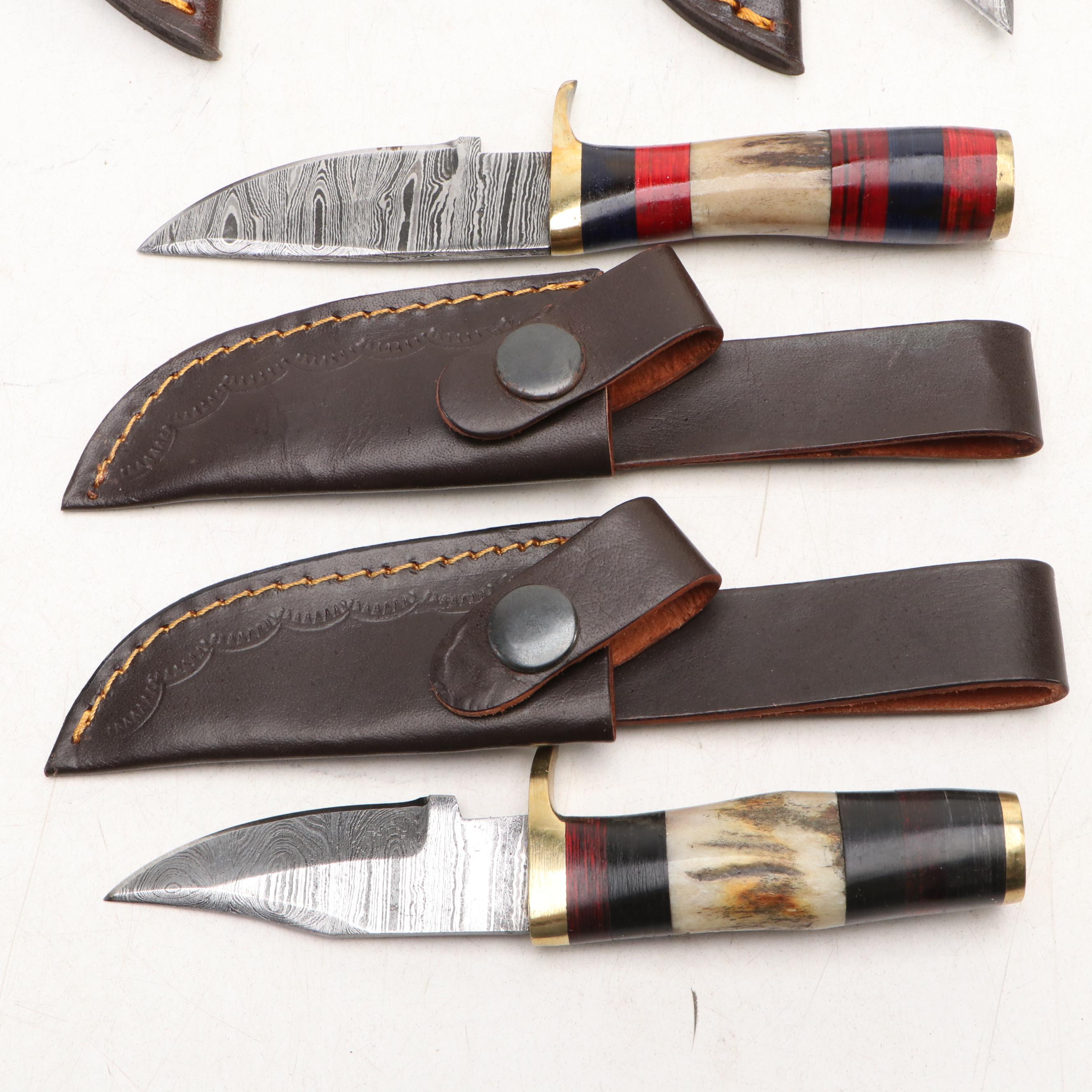 Damascus Steel Hunting and Skinner Knives in Leather Scabbards