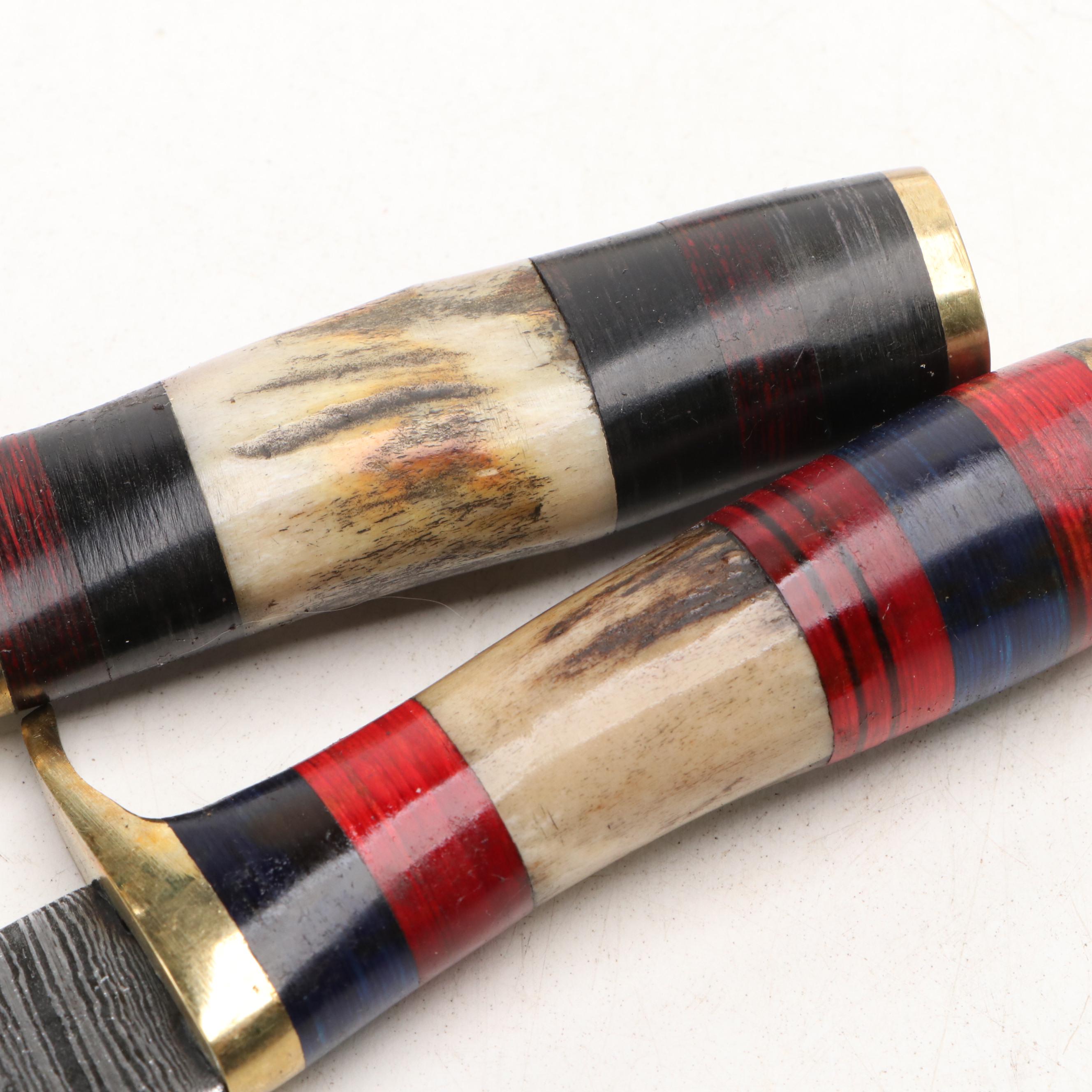 Damascus Steel Hunting and Skinner Knives in Leather Scabbards