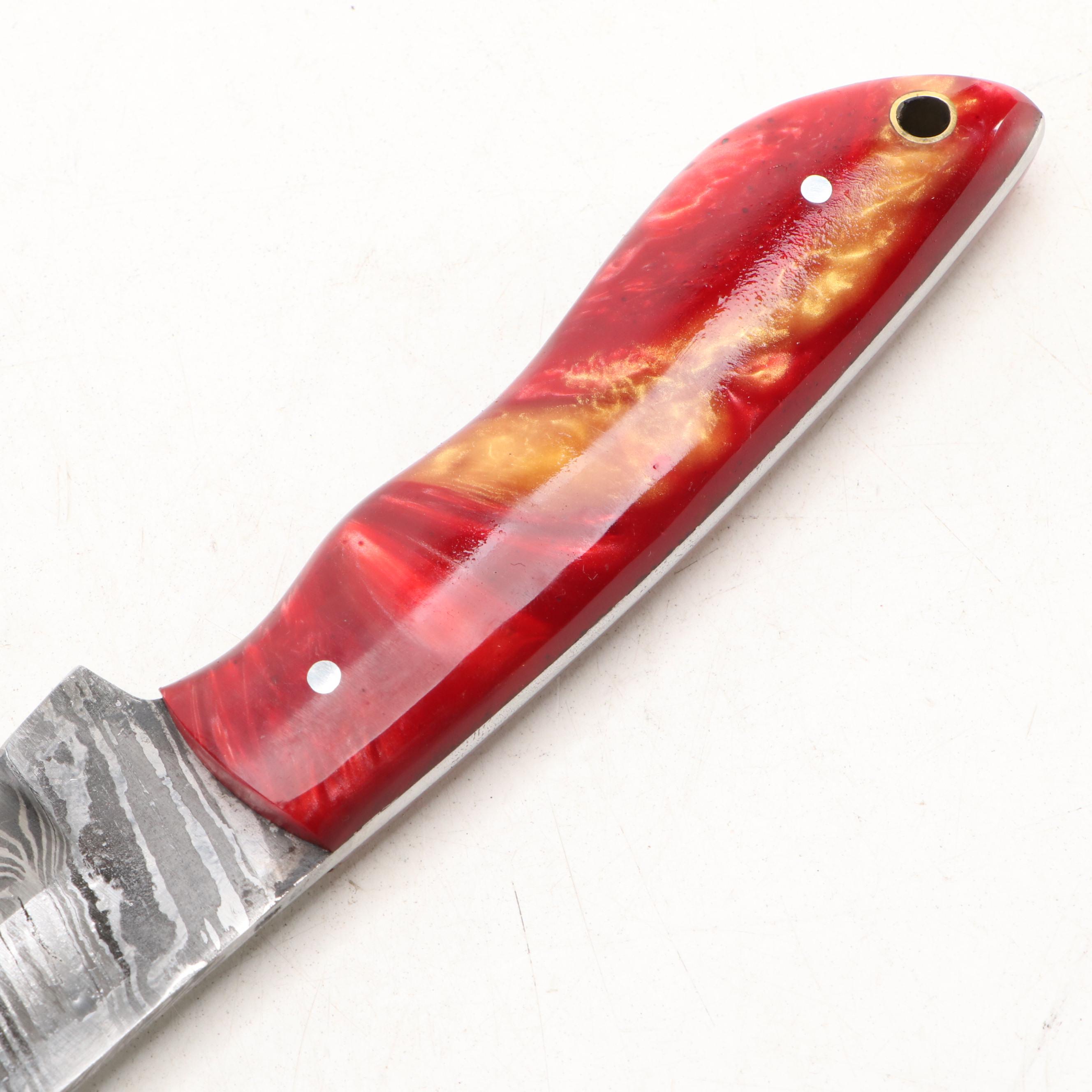 Damascus Steel Hunting and Skinner Knives in Leather Scabbards