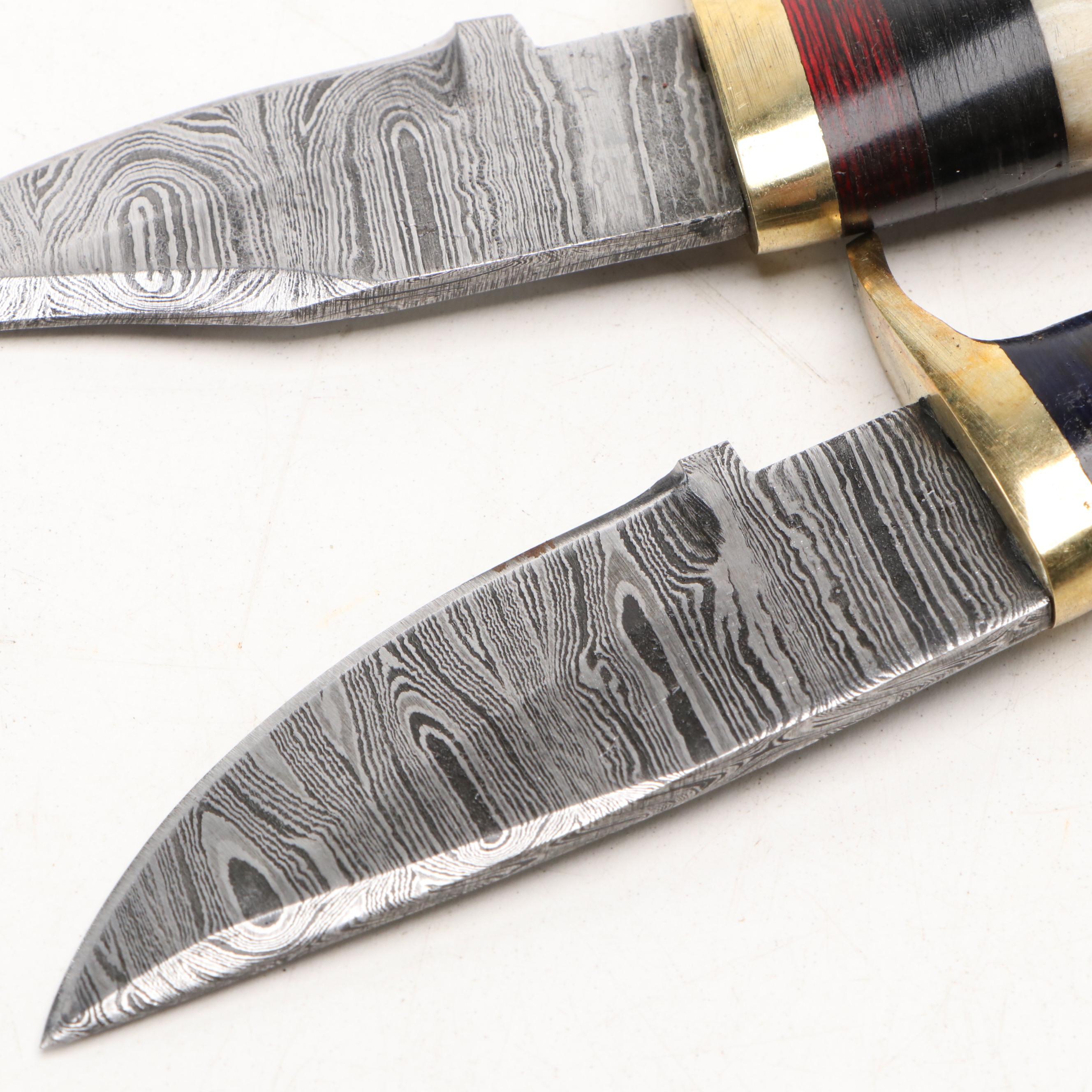 Damascus Steel Hunting and Skinner Knives in Leather Scabbards