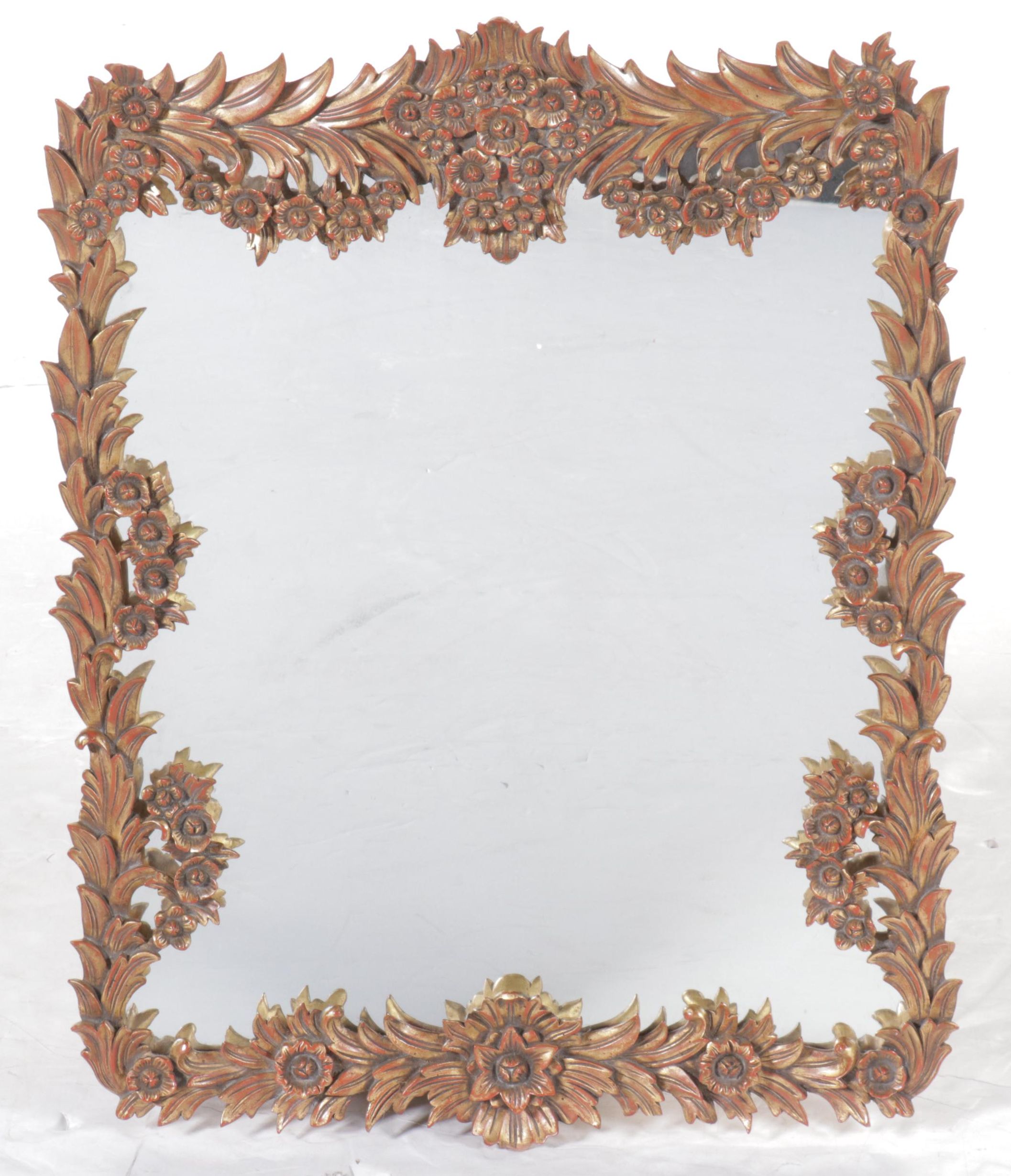 Hollywood Regency Style Carved Wood Leaf and Floral Swag Wall Mirror