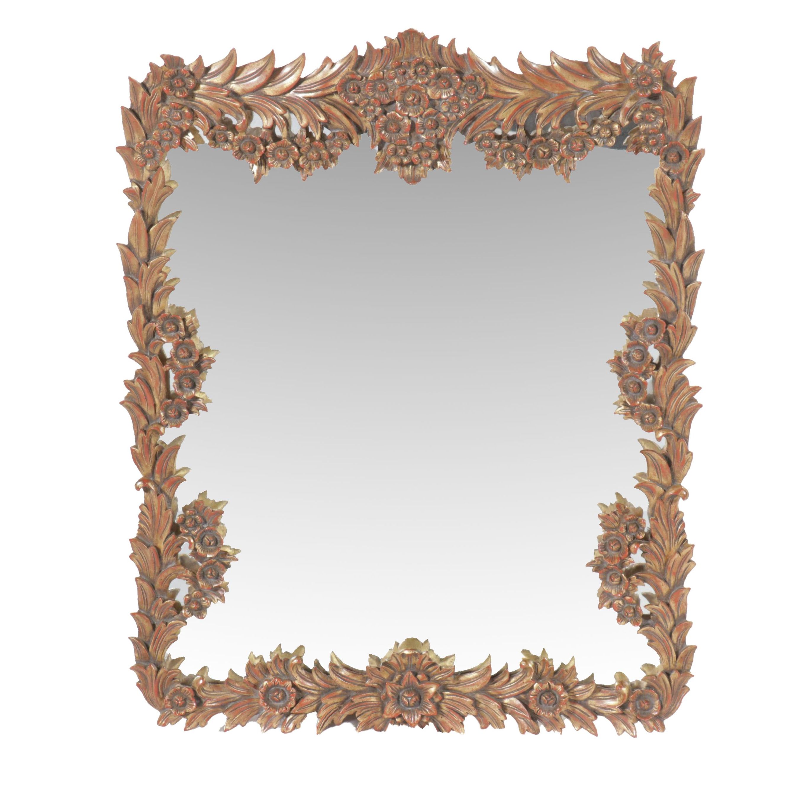 Hollywood Regency Style Carved Wood Leaf and Floral Swag Wall Mirror