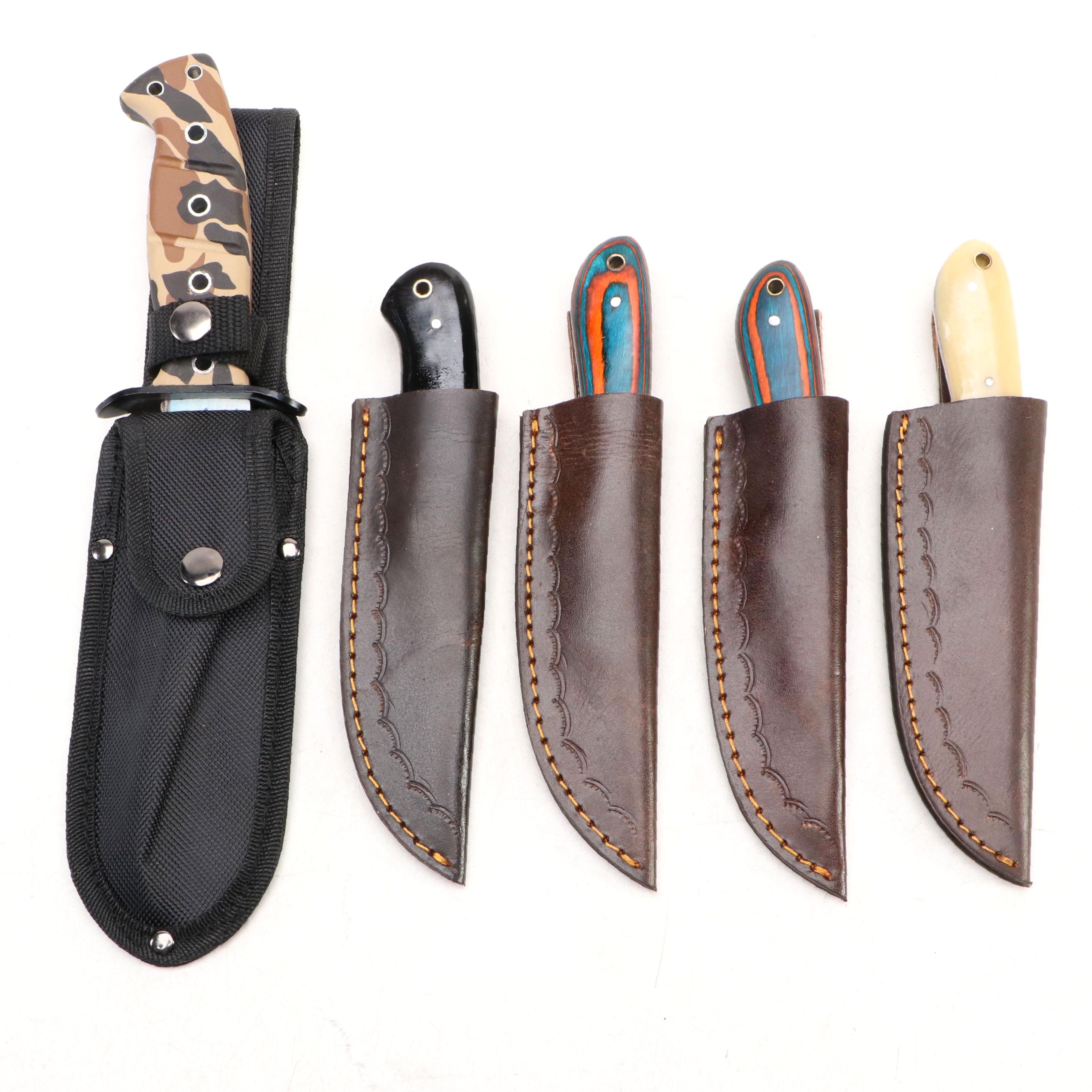 Damascus Steel Hunting Knives with Iwo Jima Commemorative Knives in Scabbards