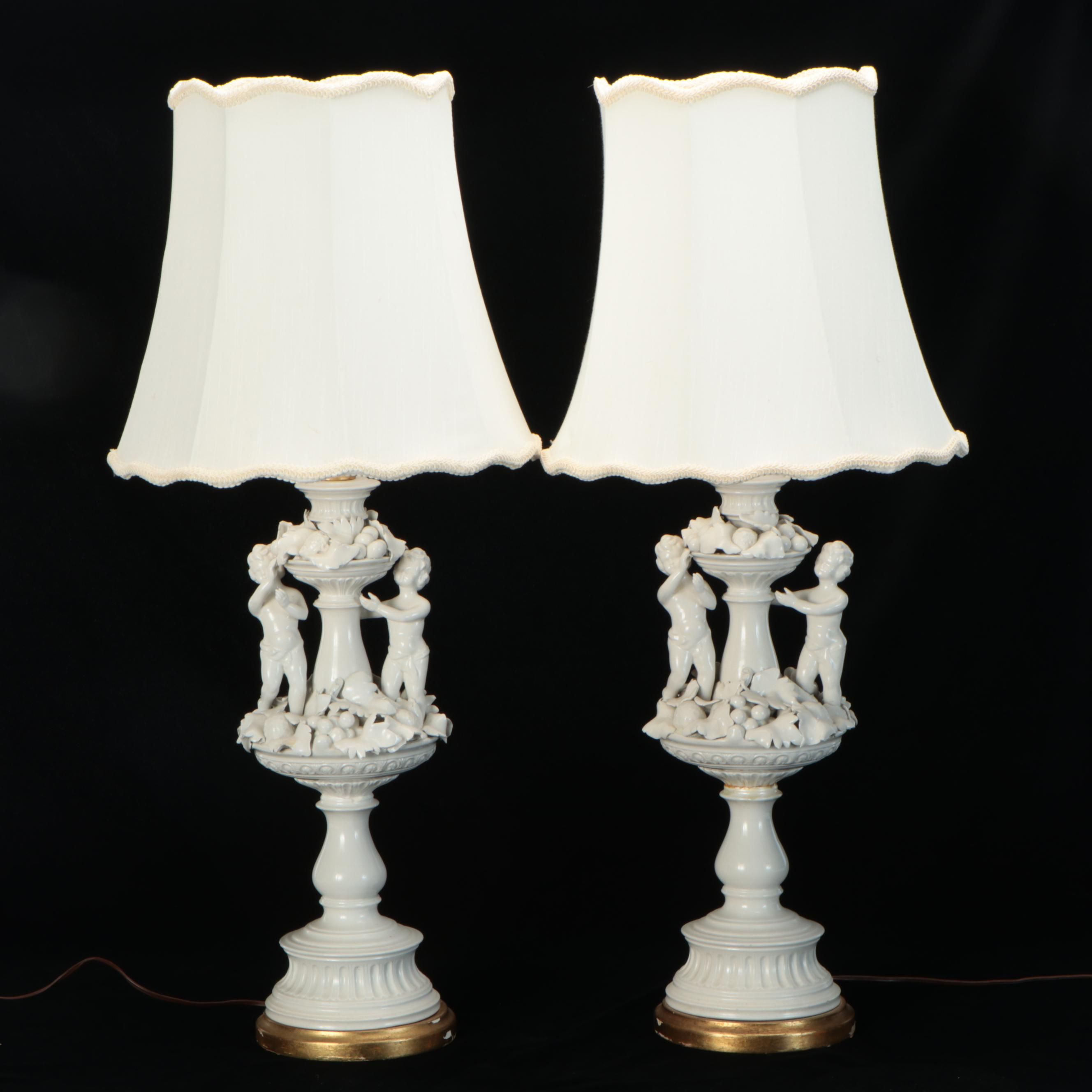 Blanc de Chine Porcelain Putti & Fruit Topiary Lamps, Scallop Bell Silk Shades