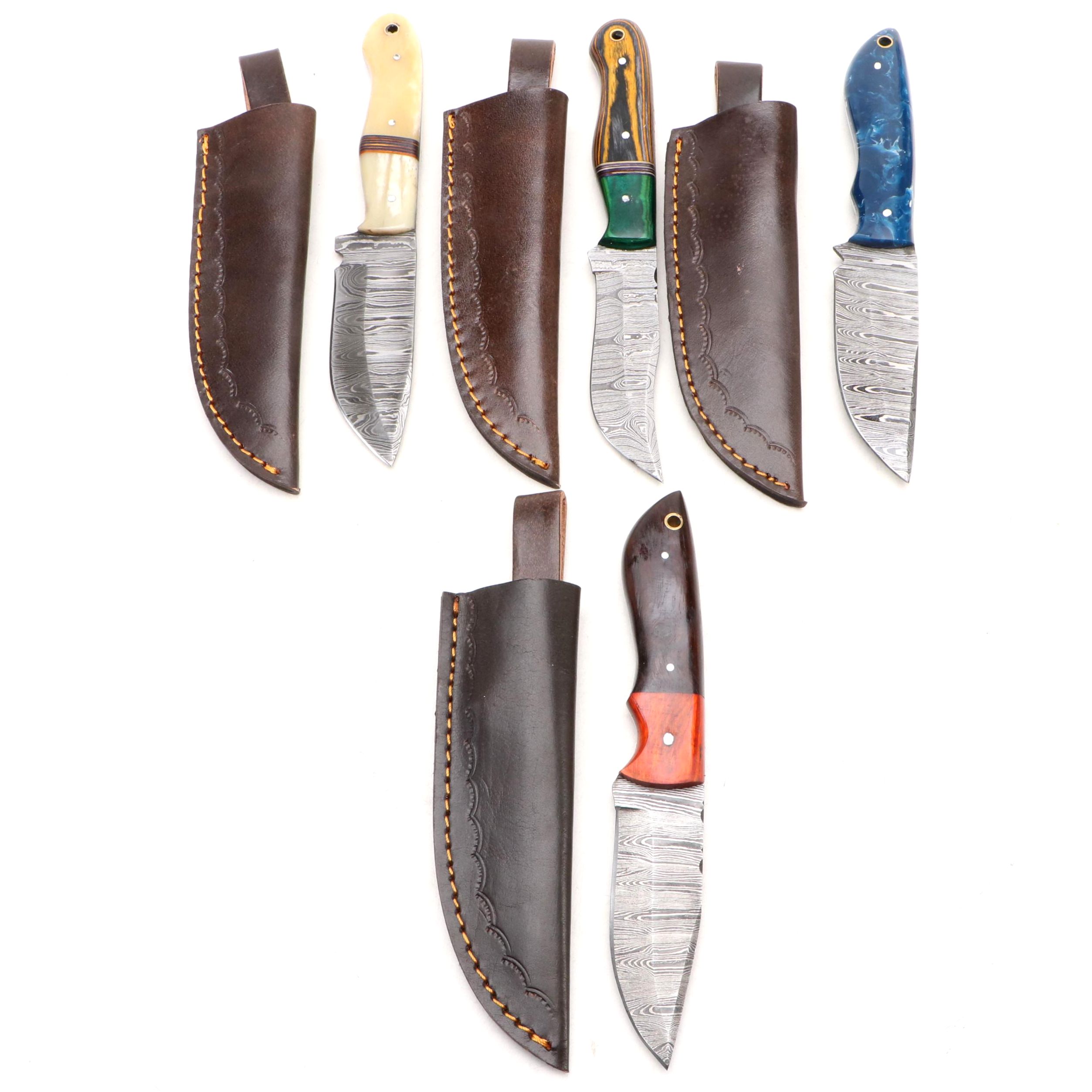 Damascus Steel Hunting Knives in Leather Scabbards