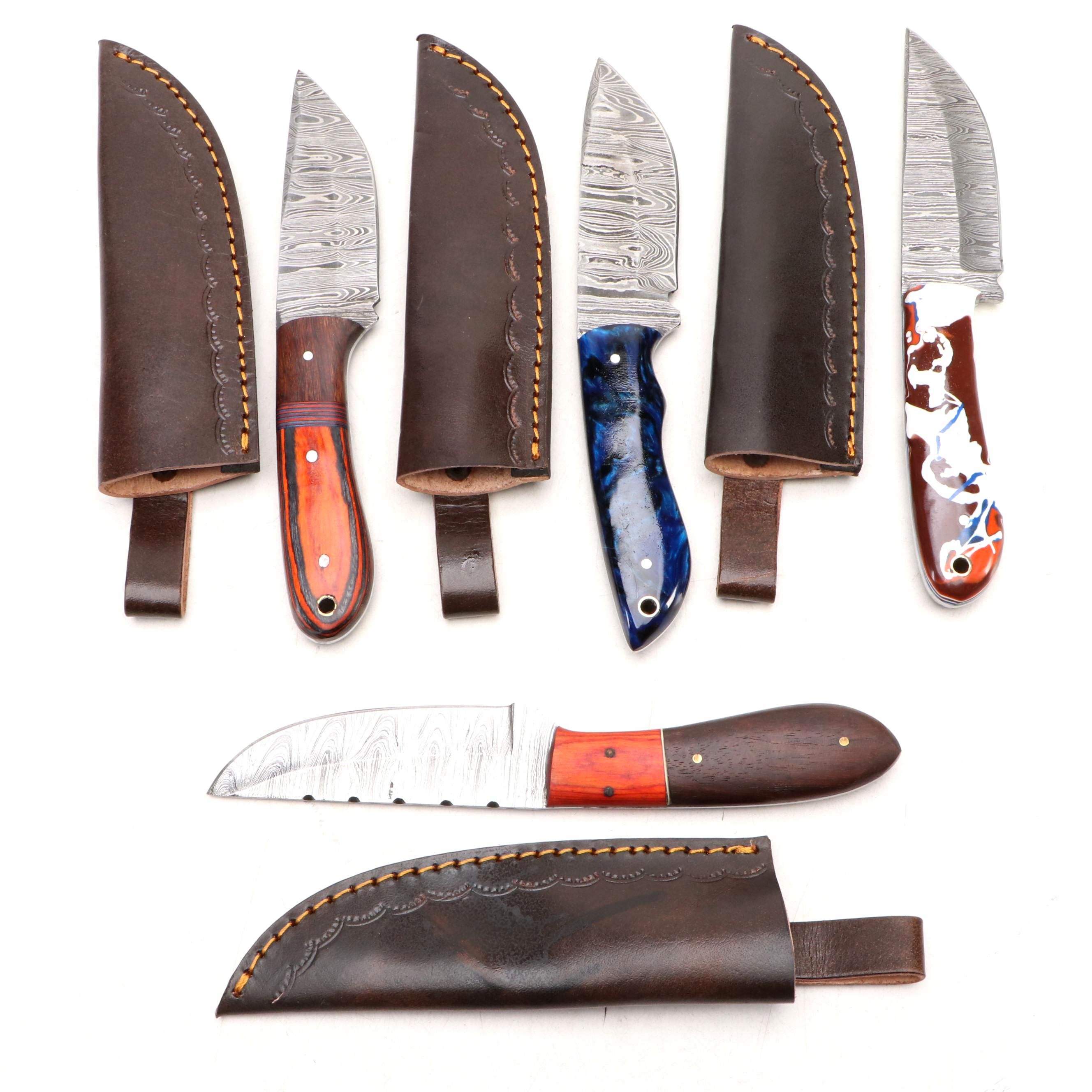 Damascus Steel Hunting Knives in Leather Scabbards