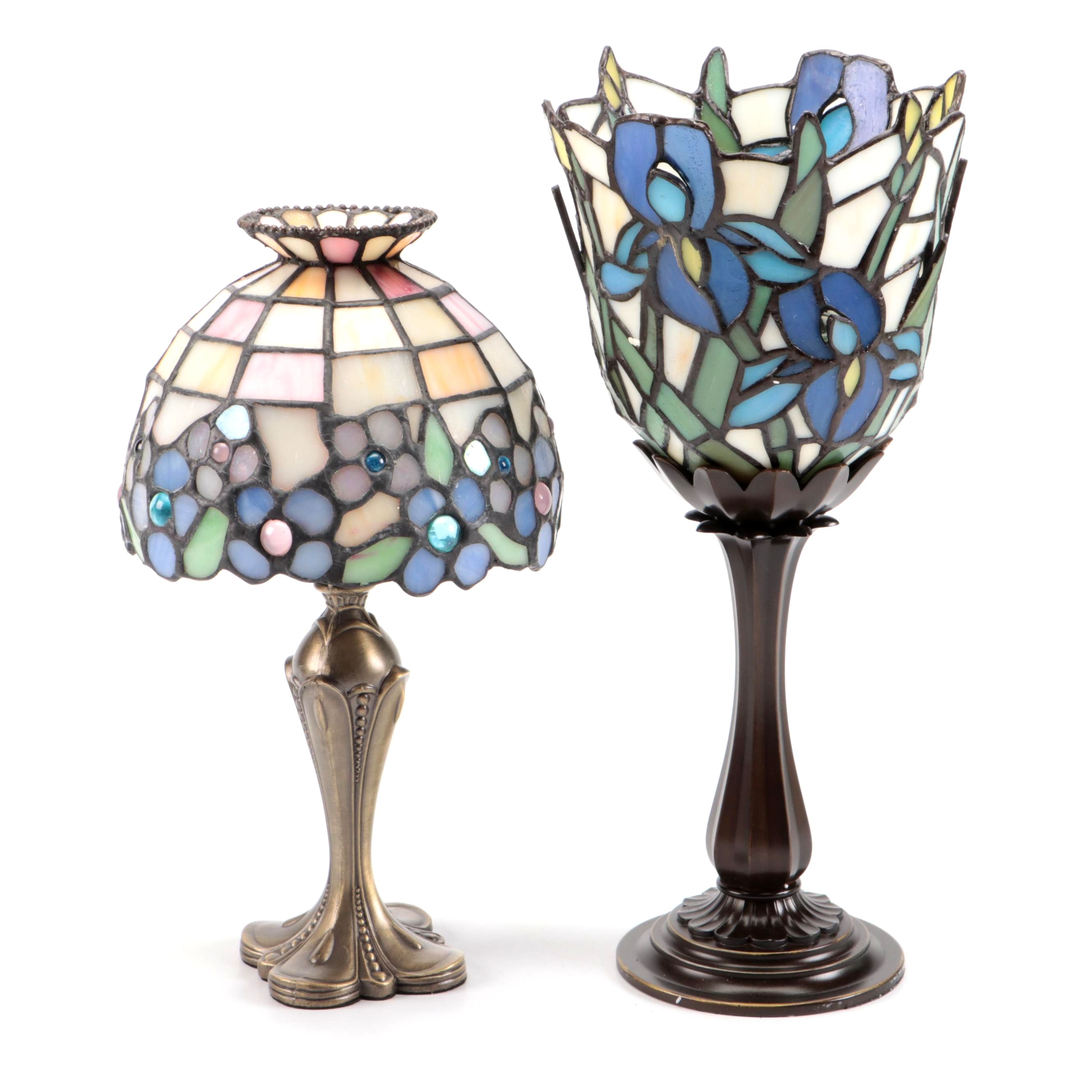 Art Nouveau Style Slag Glass Tea Light and Candle Votive Lamps