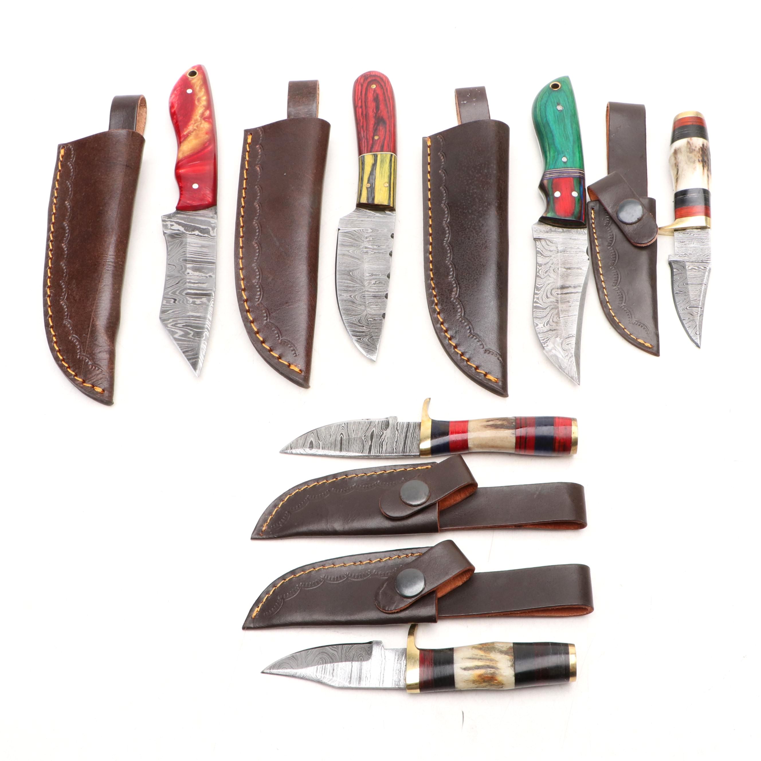 Damascus Steel Hunting and Skinner Knives in Leather Scabbards