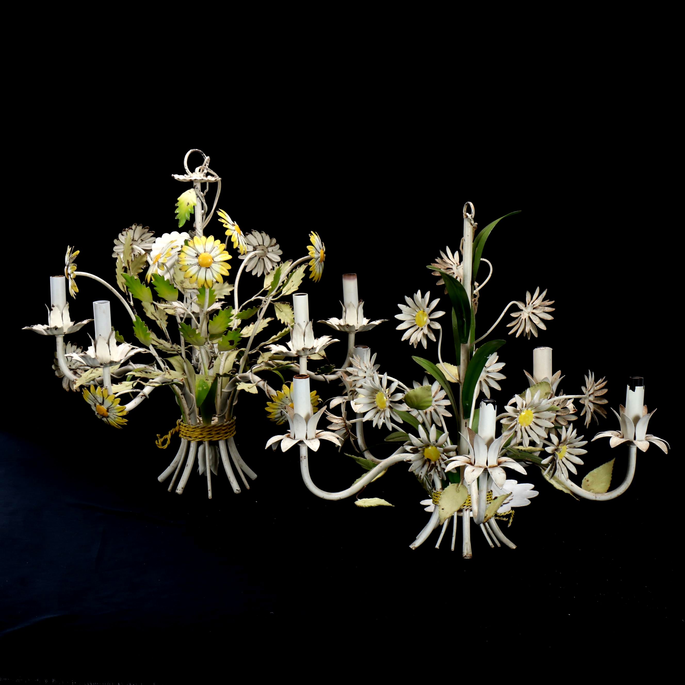 Mid-Century Italianate Enameled Metal Daisy Five-Arm Chandeliers, Pair