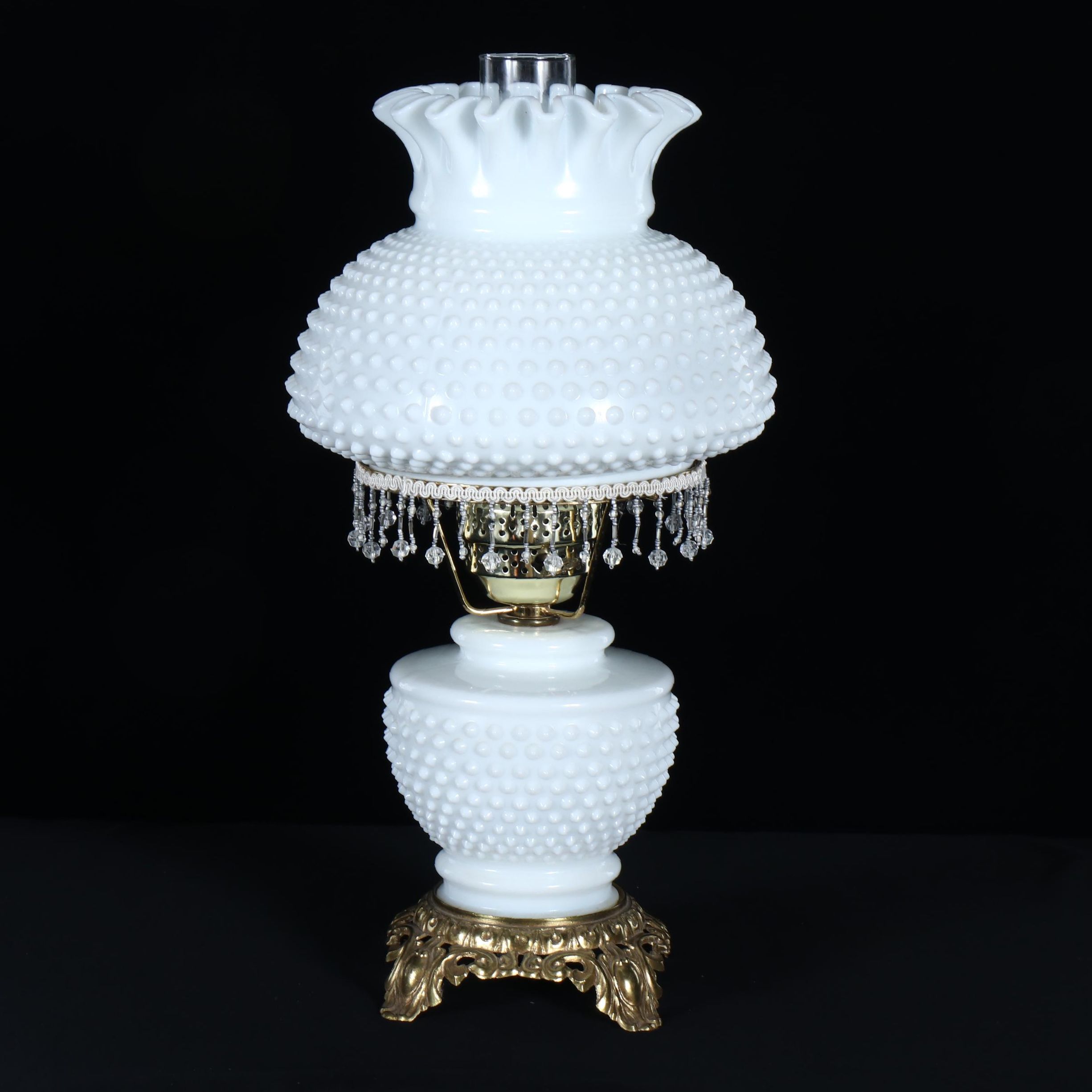 Victorian Style Hobnail Milk Glass Table Lamp with Brass Base and Beaded Decals
