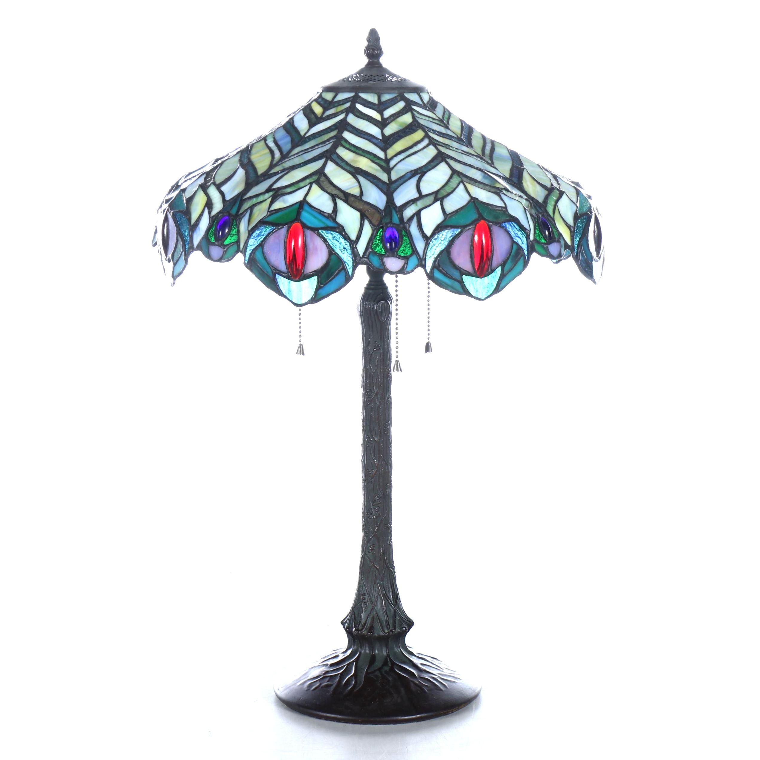 Art Nouveau Style Faux Bois Table Lamp with Peacock Feather Slag Glass Shade
