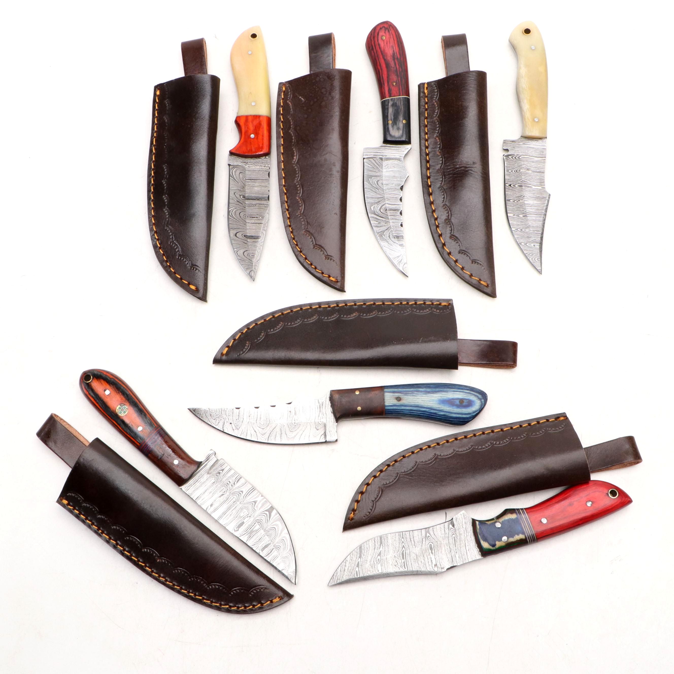 Damascus Steel Hunting Knives in Leather Scabbards