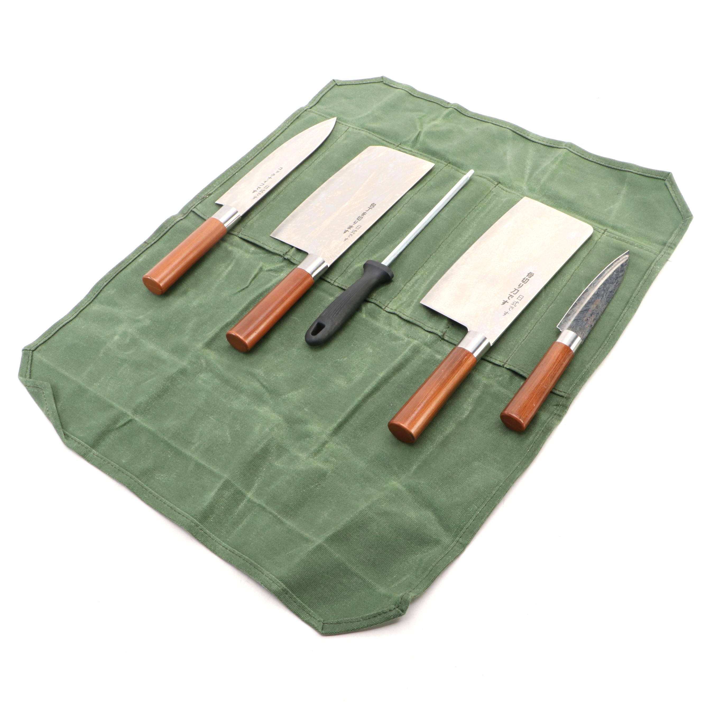 Japanese Style Etched Stainless Steel Chef's Knife Set in Canvas Roll