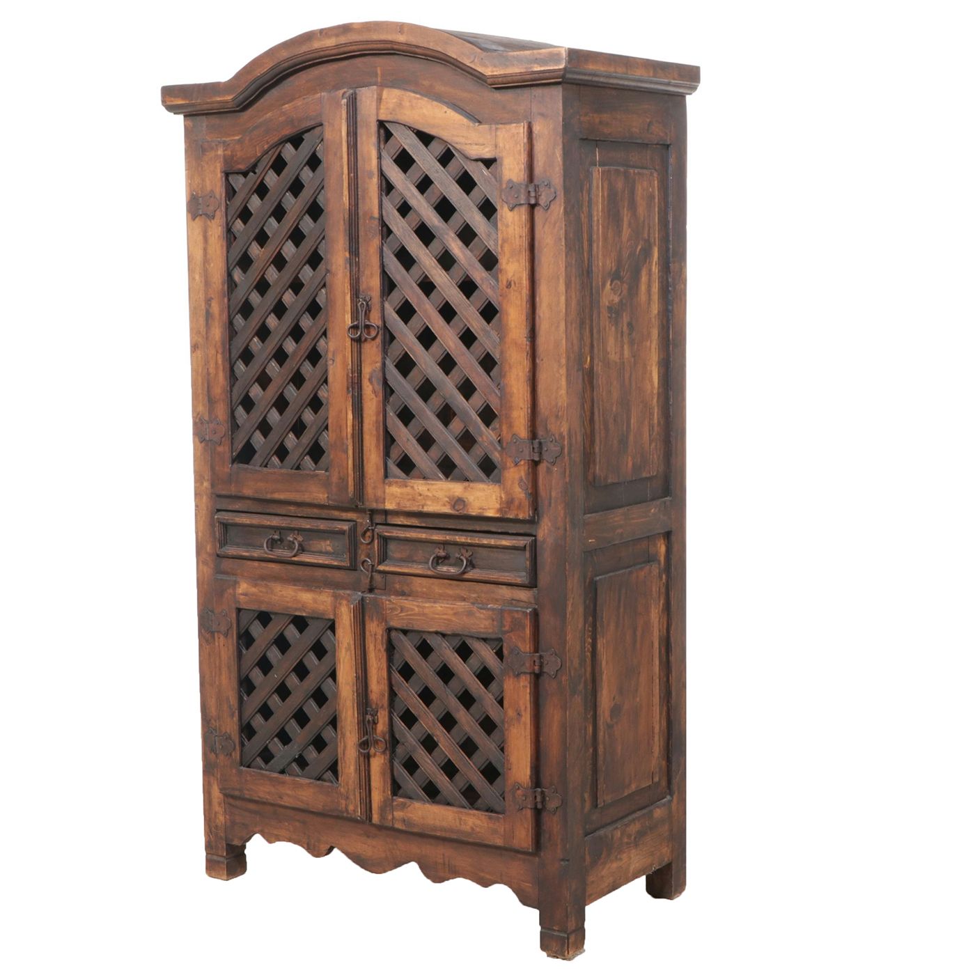 Rustic Dark Stained Wood Media Cabinet with Lattice Doors