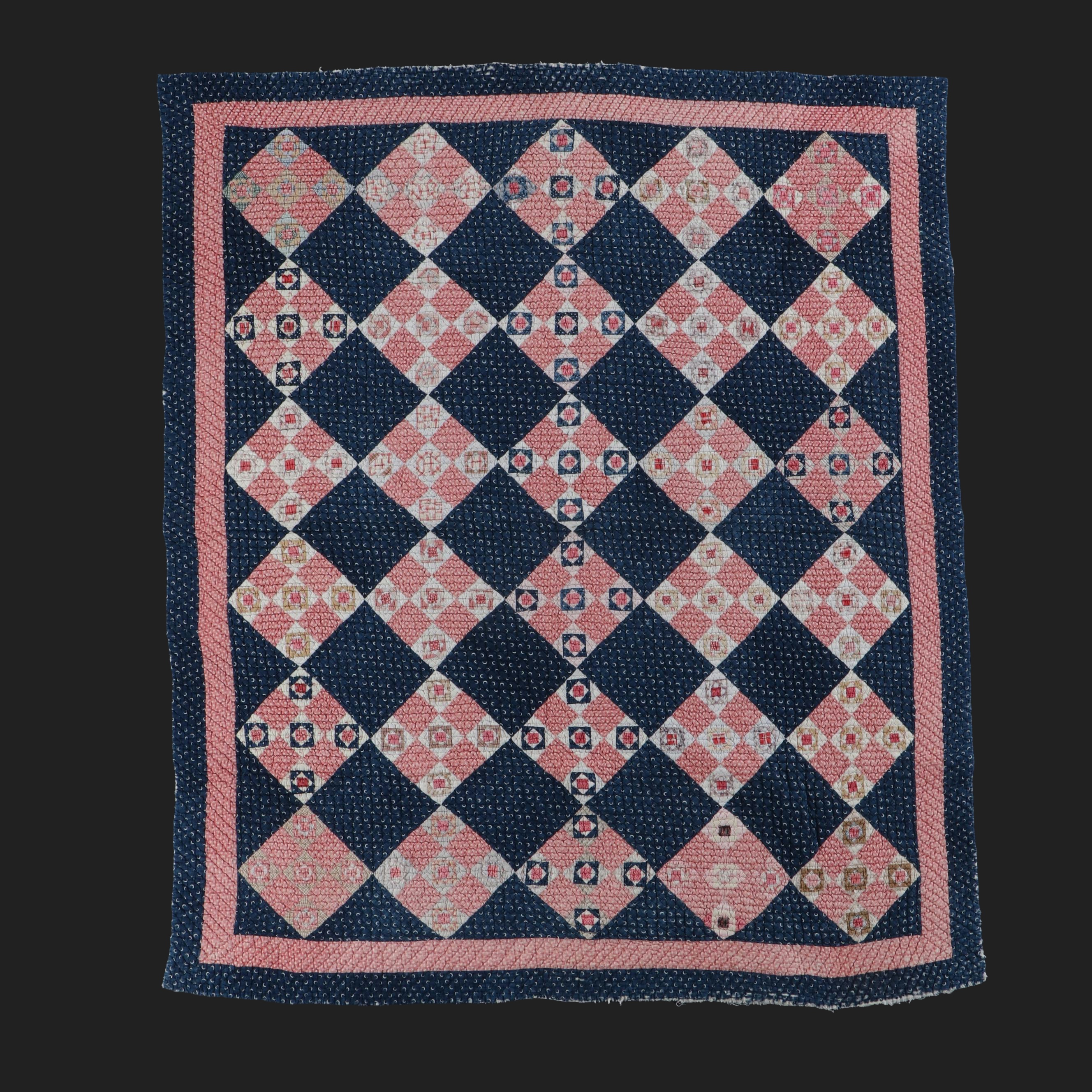 Handcrafted Applique Red and Blue Diamond Cotton Quilts