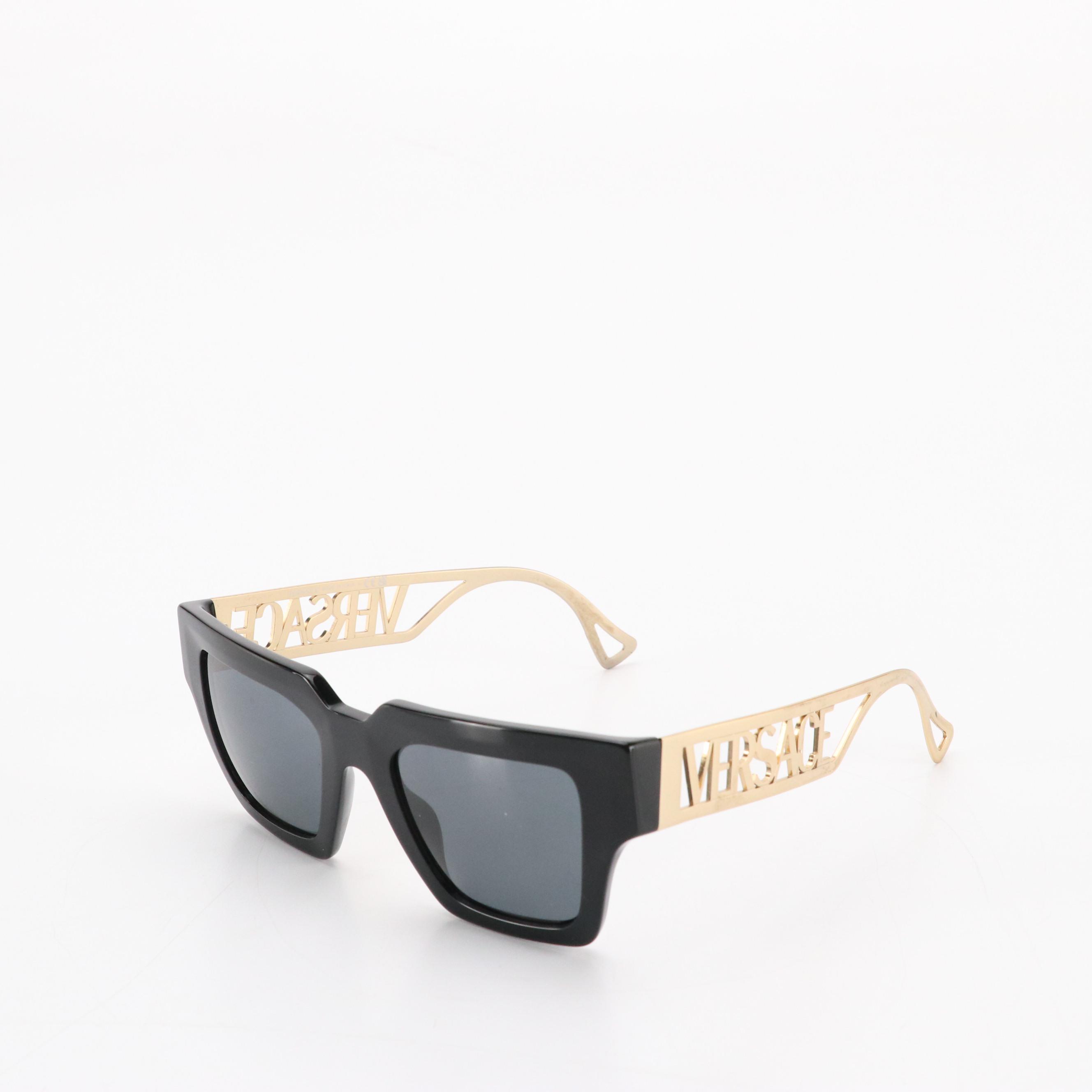 Versace Mod.4431 Black Geometric Square Sunglasses with Oversized Logo Temple