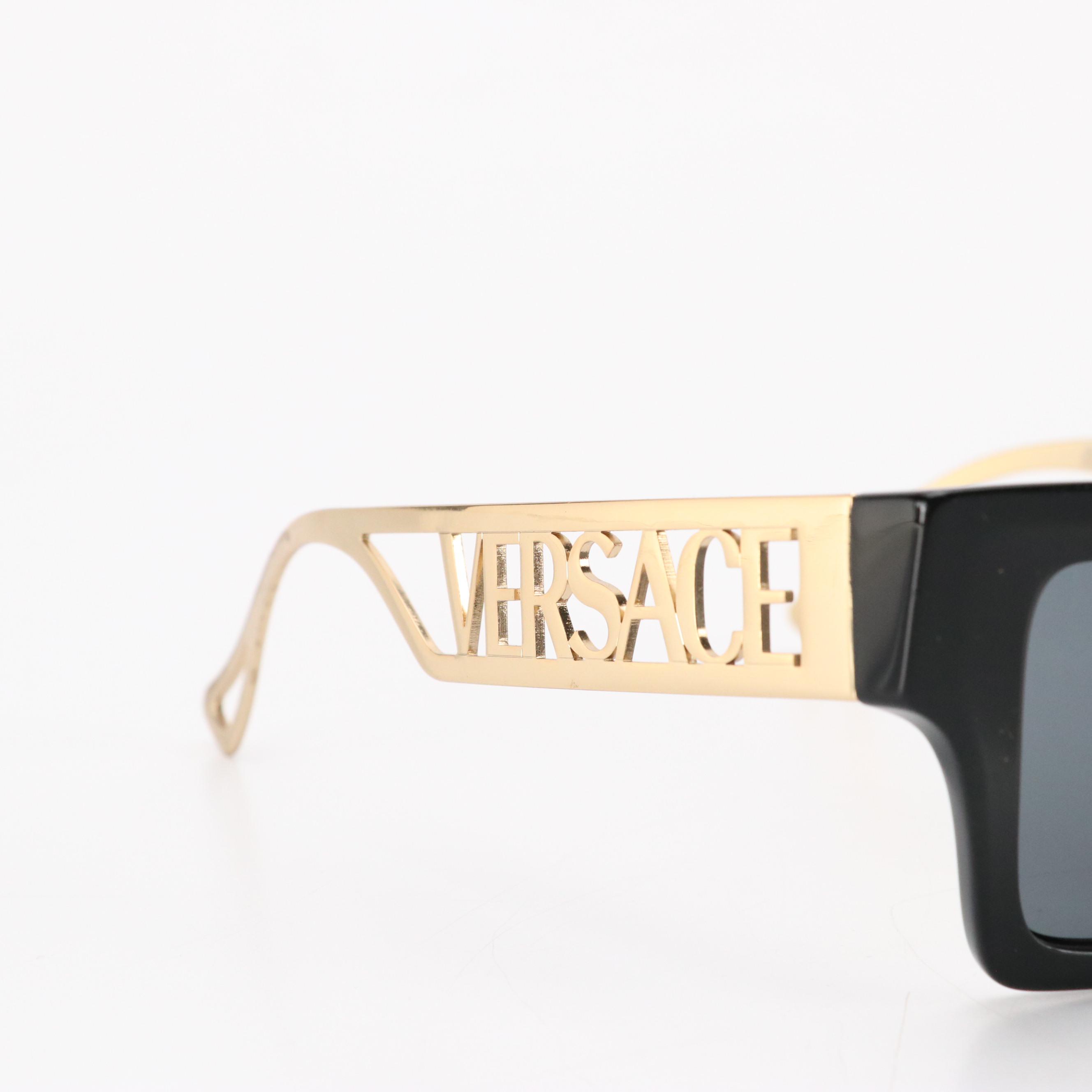 Versace Mod.4431 Black Geometric Square Sunglasses with Oversized Logo Temple