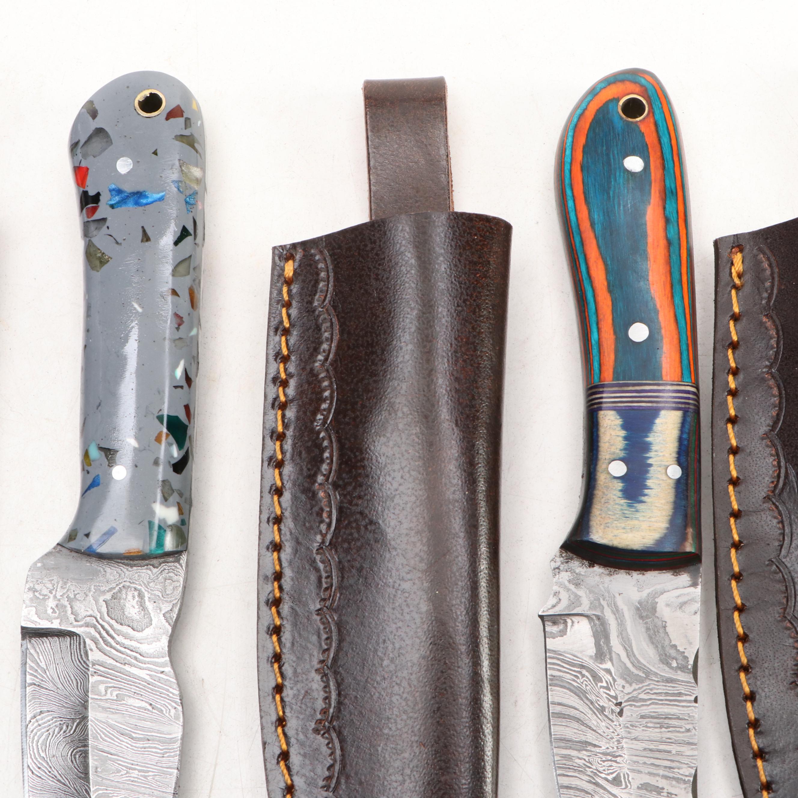 Damascus Steel Hunting Knives with Iwo Jima Commemorative Knives in Scabbards