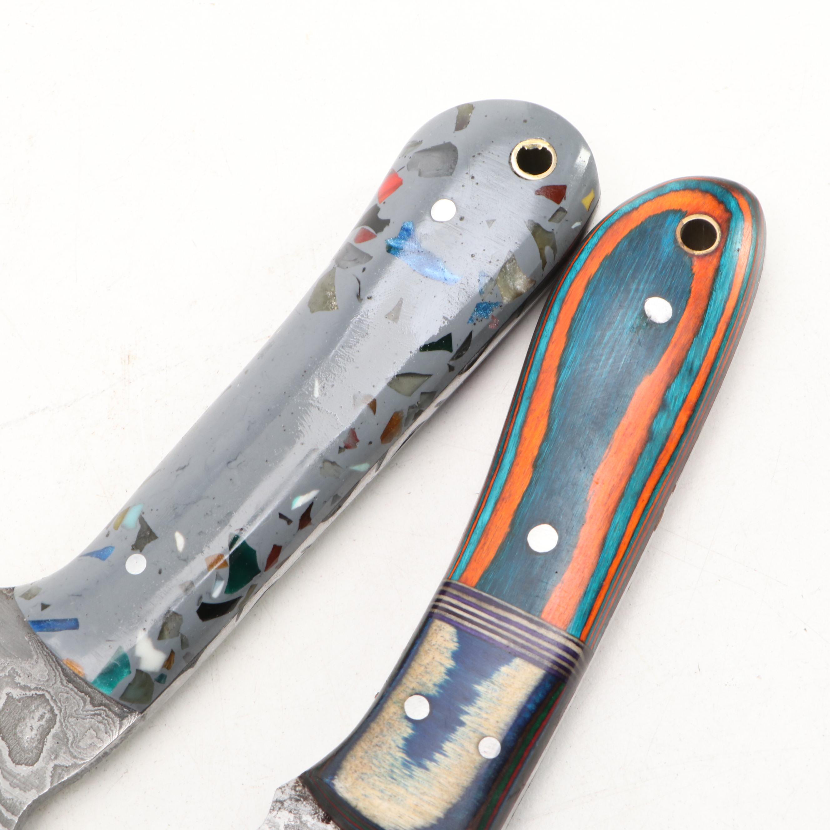 Damascus Steel Hunting Knives with Iwo Jima Commemorative Knives in Scabbards