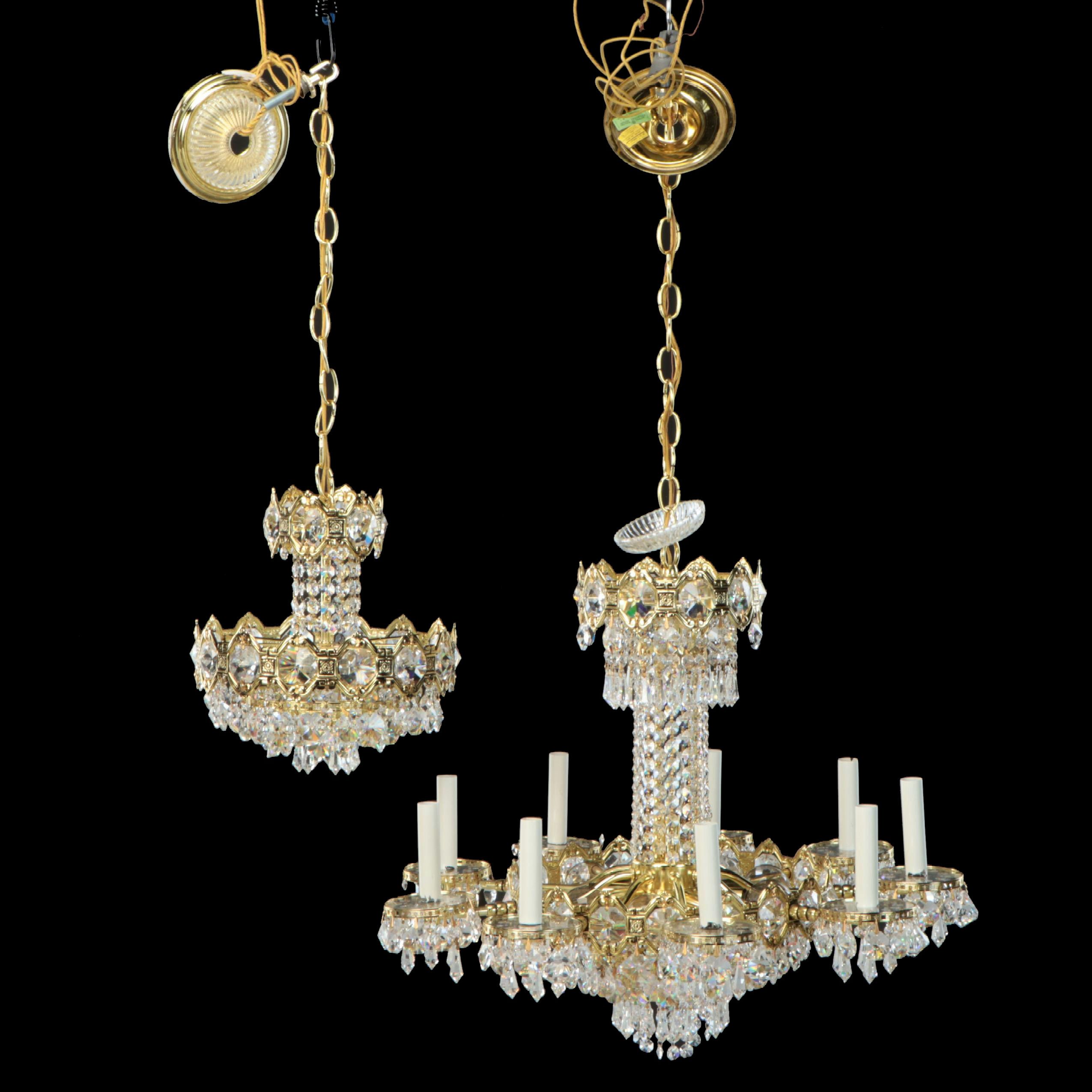 Gilt Metal and Crystal Eight-Arm Chandelier with Matching Mini Pendant