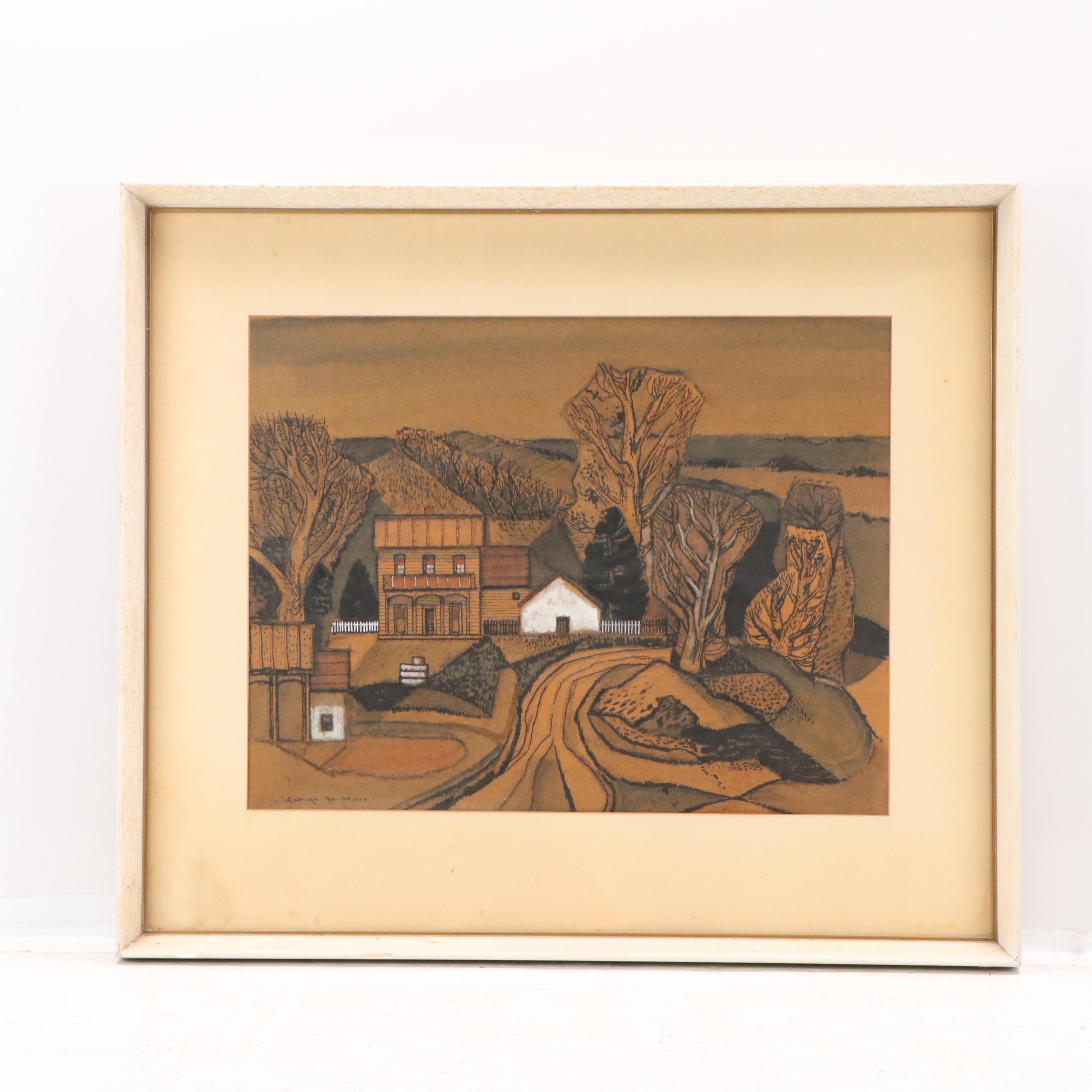 George Joseph Mess Watercolor and Ink Landscape Drawing, Early to Mid 20th C.