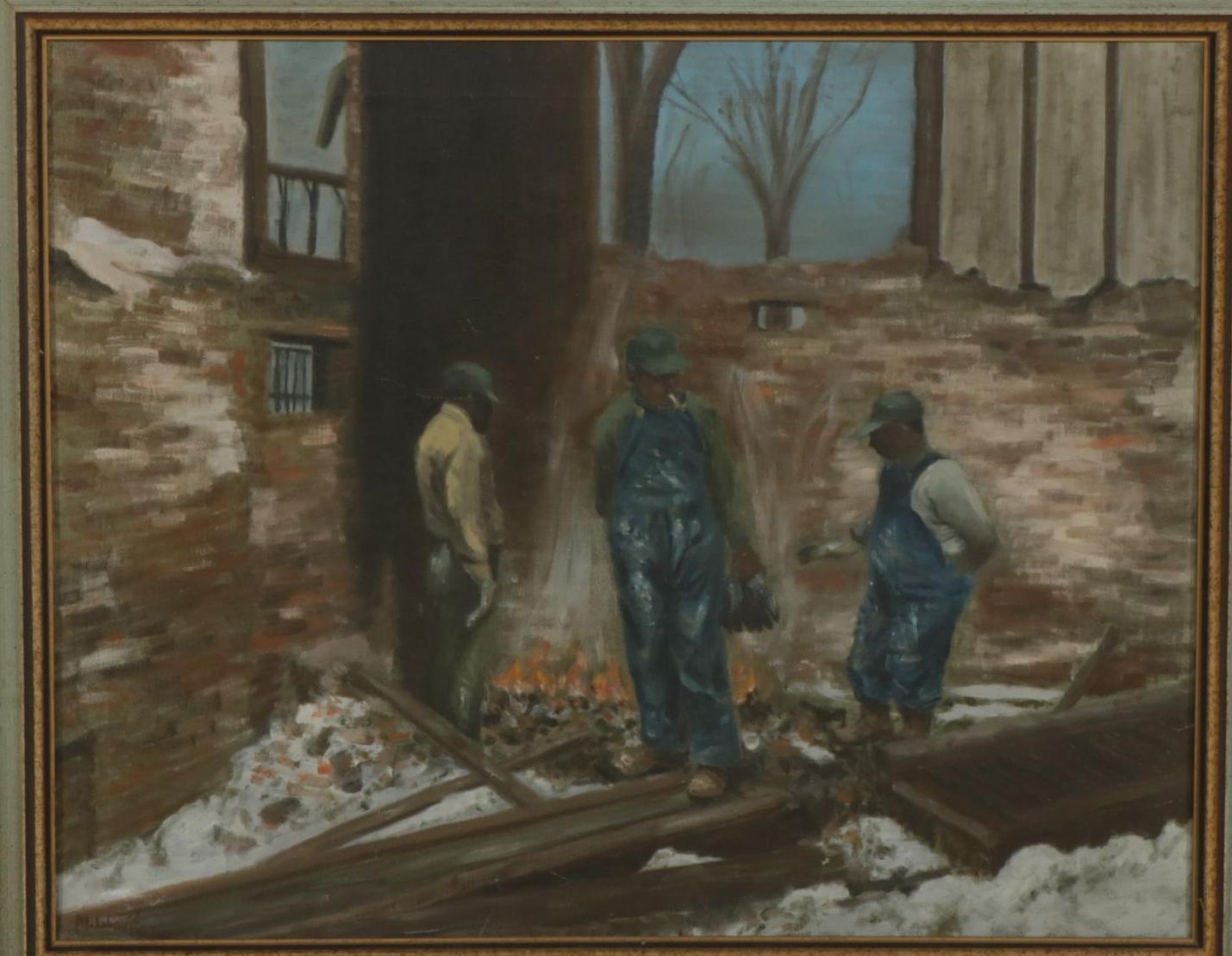 Social Realist Oil Painting of Workers Near Firepit, Mid to Late 20th Century