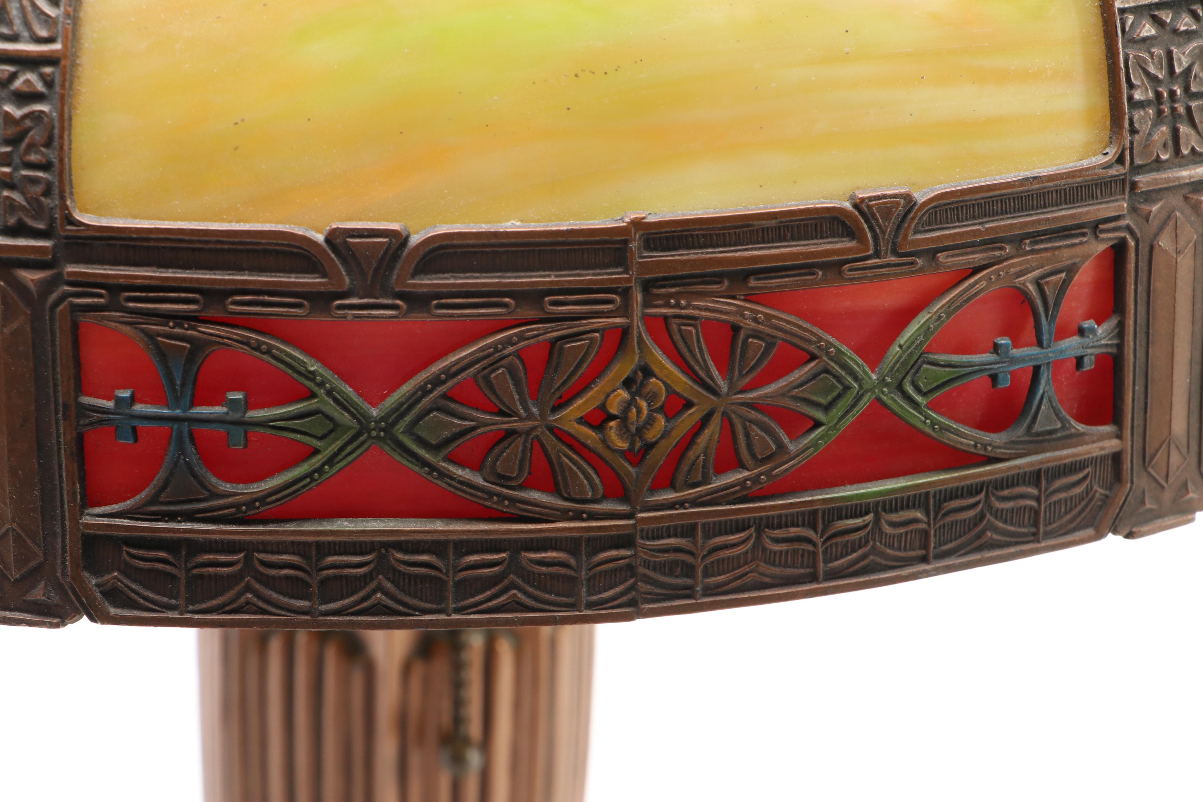 Arts & Crafts Cast Metal Table Lamp and Bent Panel Slag Glass Shade with Overlay