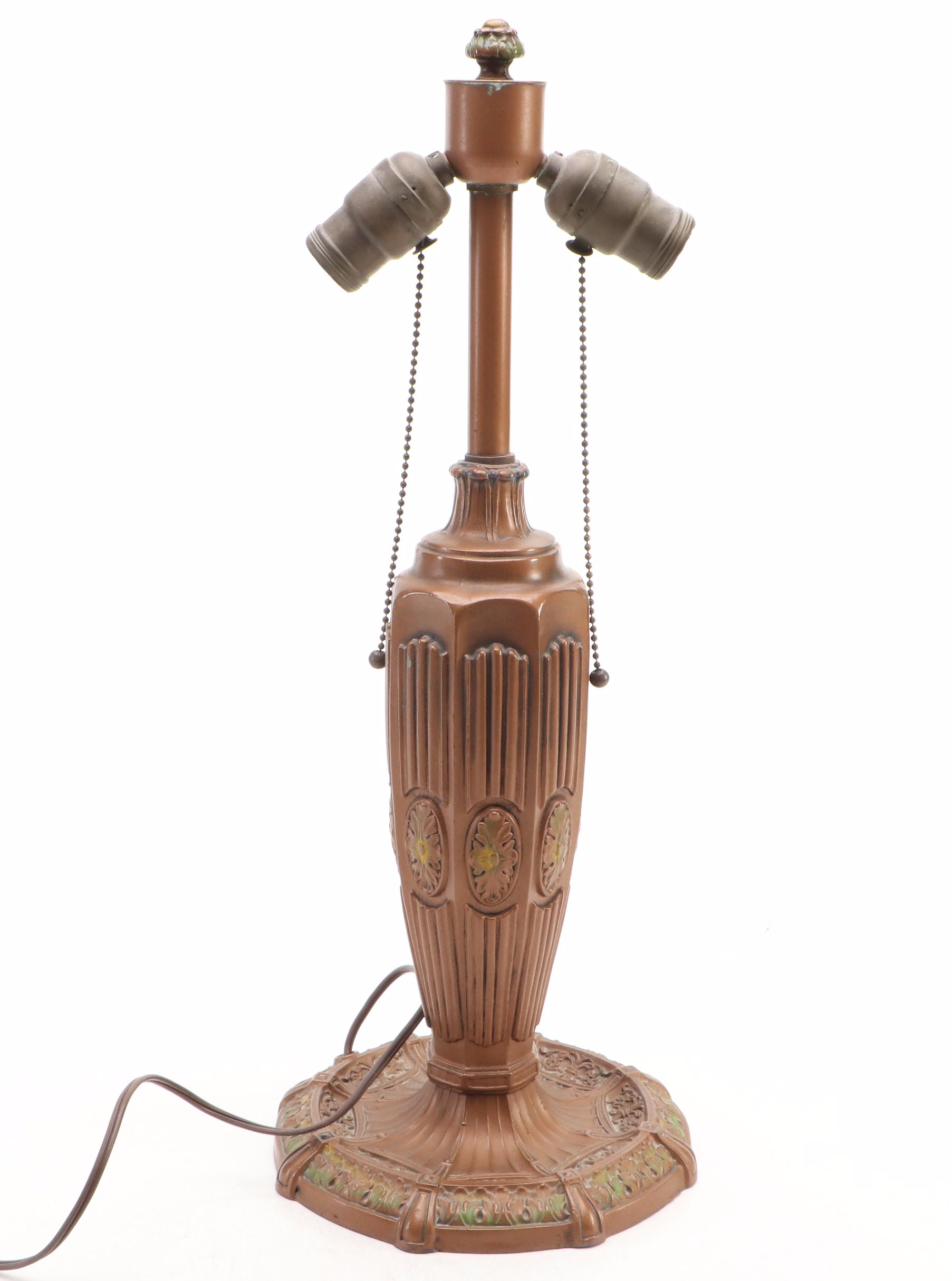 Arts & Crafts Cast Metal Table Lamp and Bent Panel Slag Glass Shade with Overlay