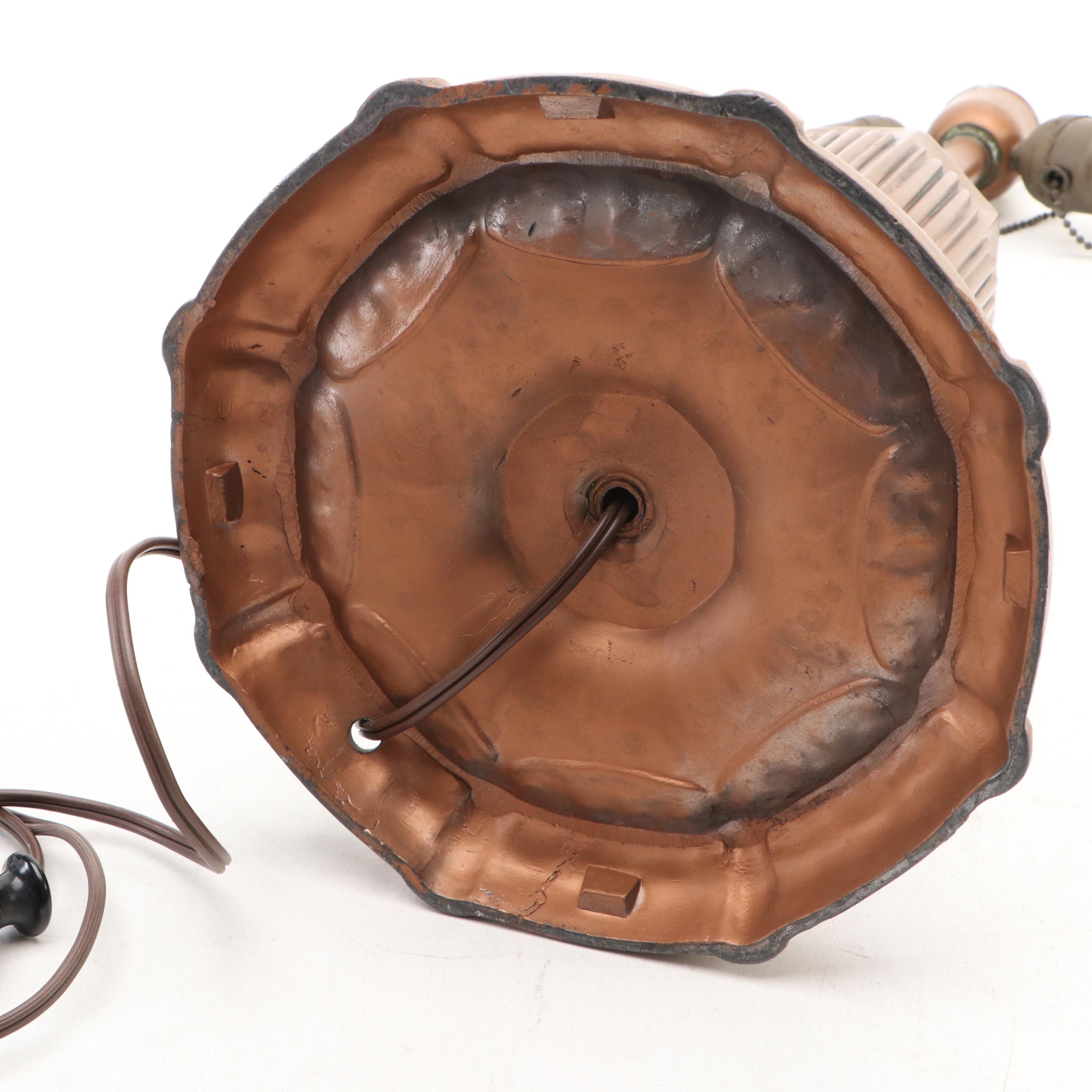 Arts & Crafts Cast Metal Table Lamp and Bent Panel Slag Glass Shade with Overlay