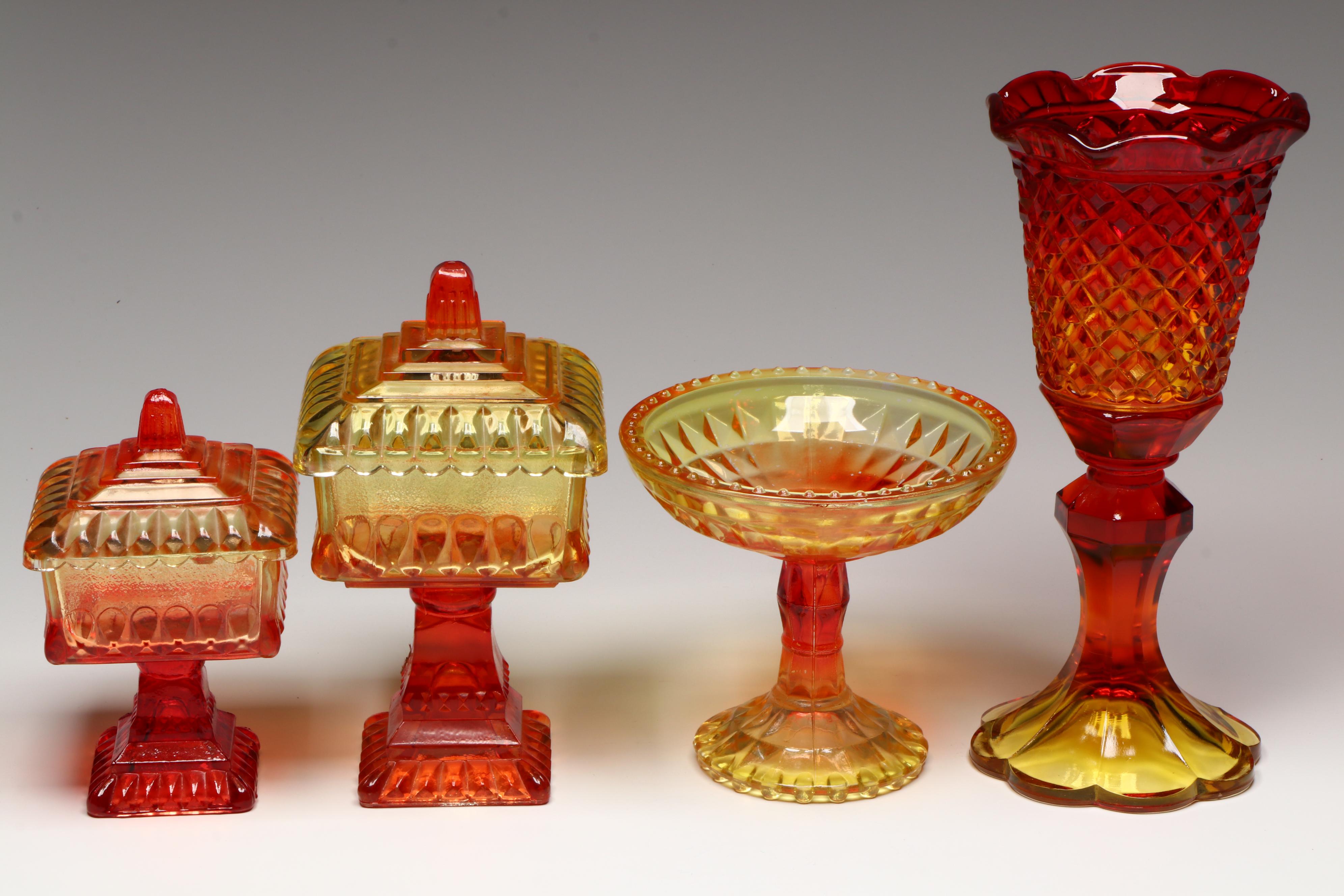 Amberina Glass Footed Candy Dishes and Compote, Mid-20th Century