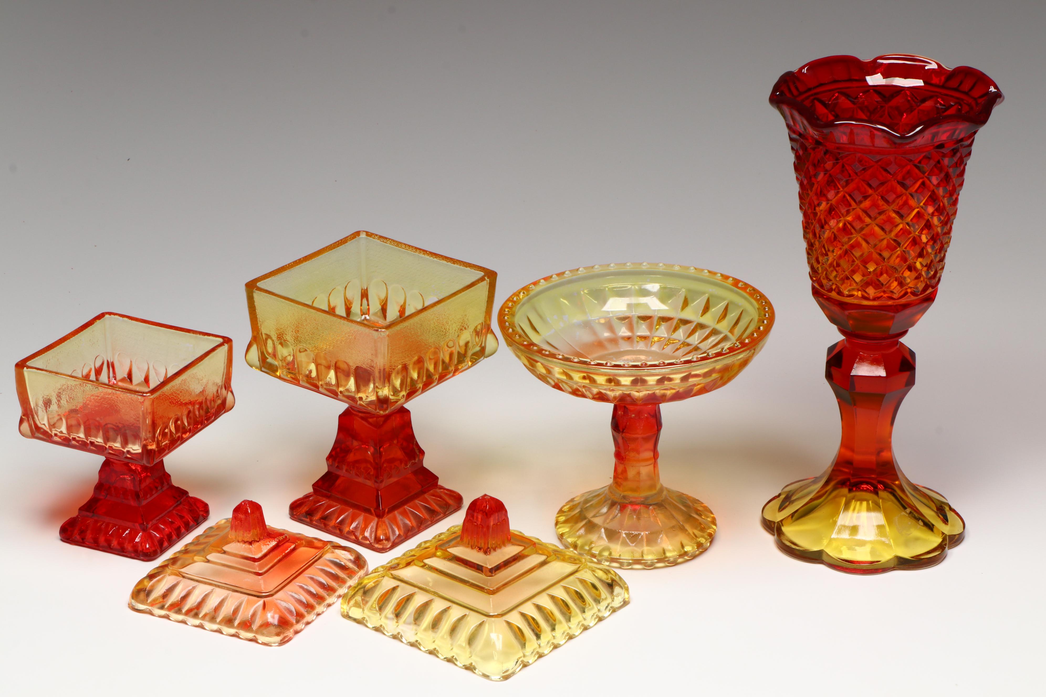 Amberina Glass Footed Candy Dishes and Compote, Mid-20th Century