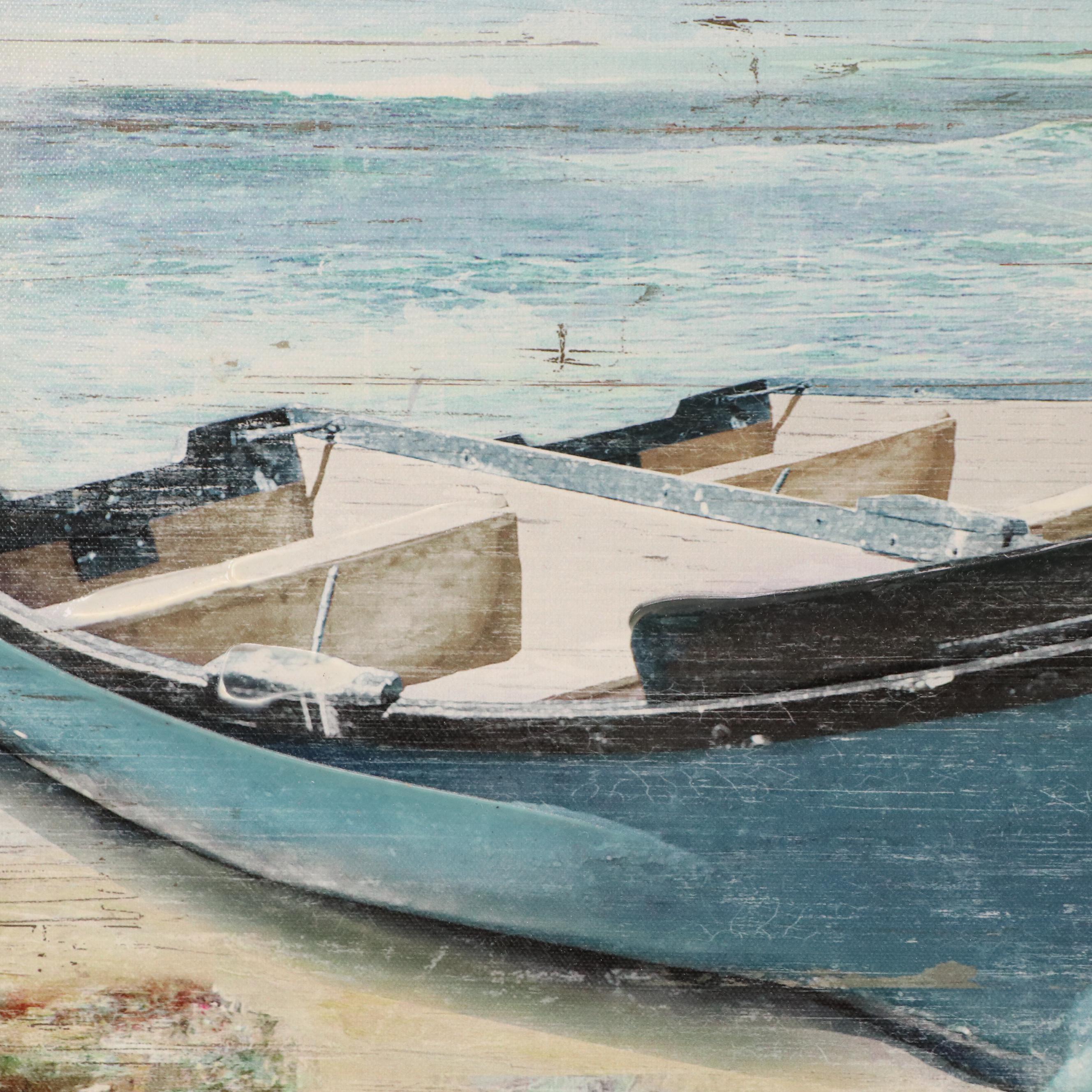 Embellished Coastal Giclée Diptych of Boats on Beach, 21st Century