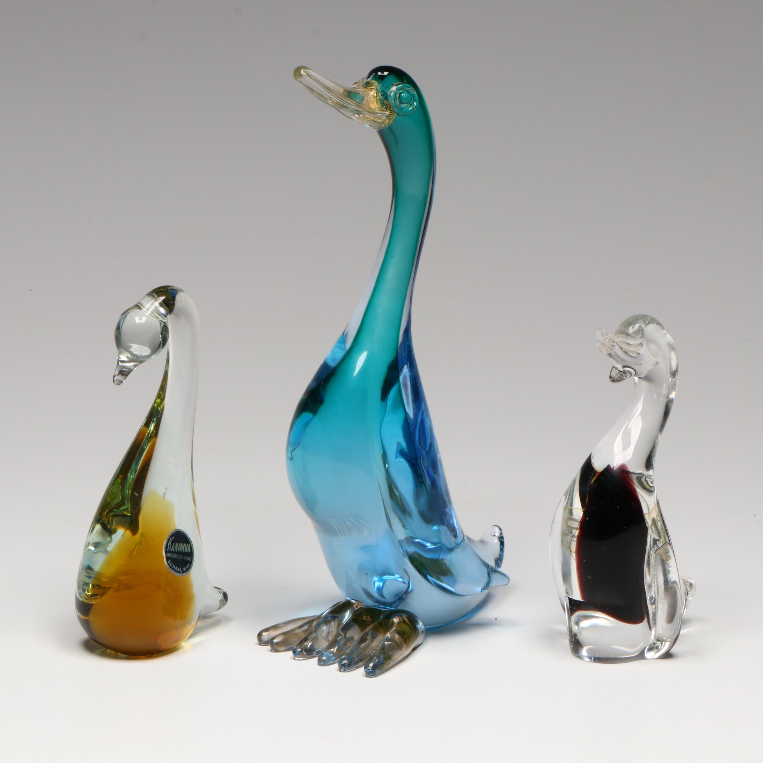 Murano Glass Duck with Kanawha and Other Glass Birds