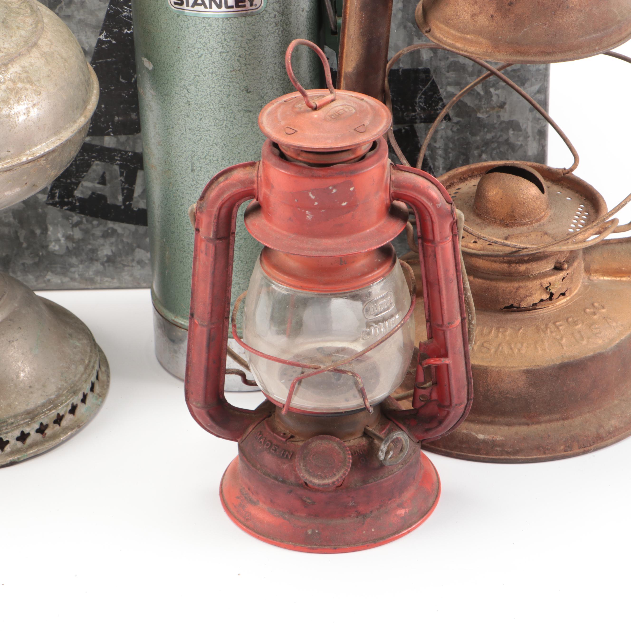 Embury, Dietz, and Other Oil Lanterns, Metal Stanley Mug, and Metal Alamito Box
